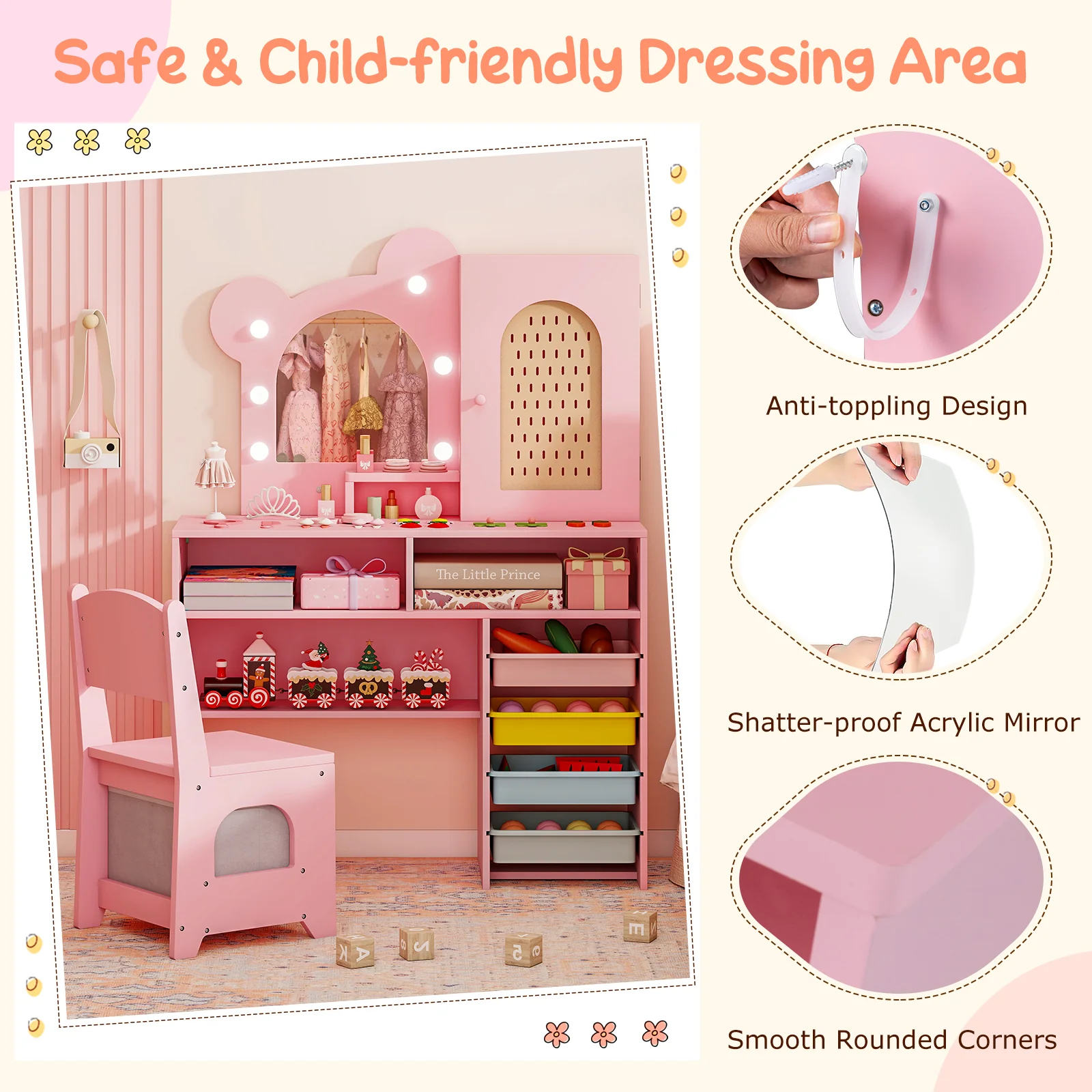 Kids Vanity with Lights and 5 Drawers for Kids Aged 3+ Years Old, Pink - Image 10