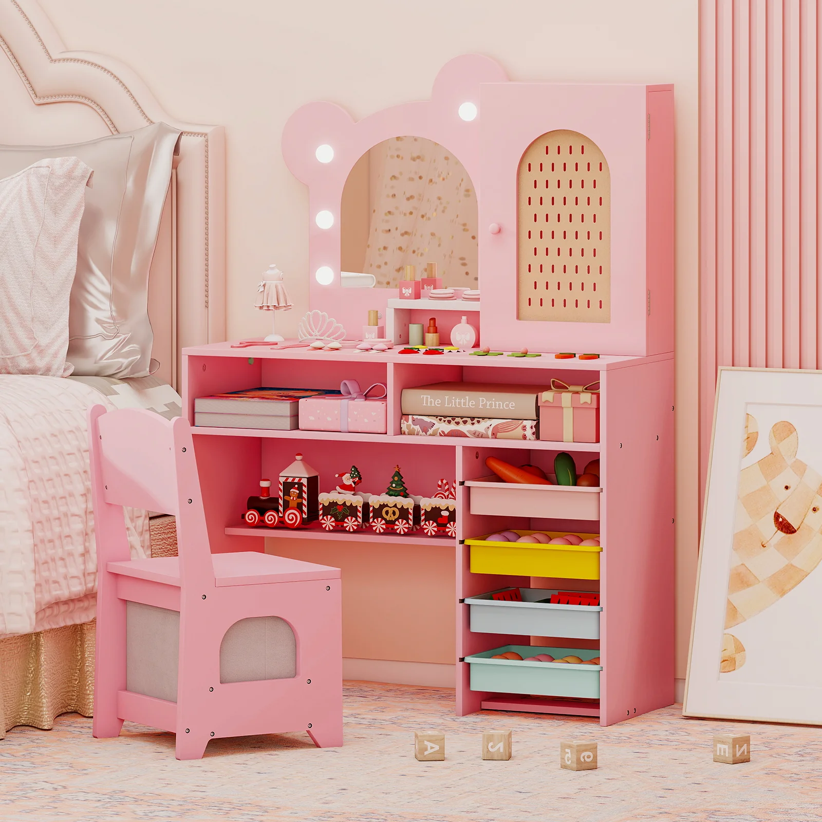 Kids Vanity with Lights and 5 Drawers for Kids Aged 3+ Years Old, Pink - Image 2