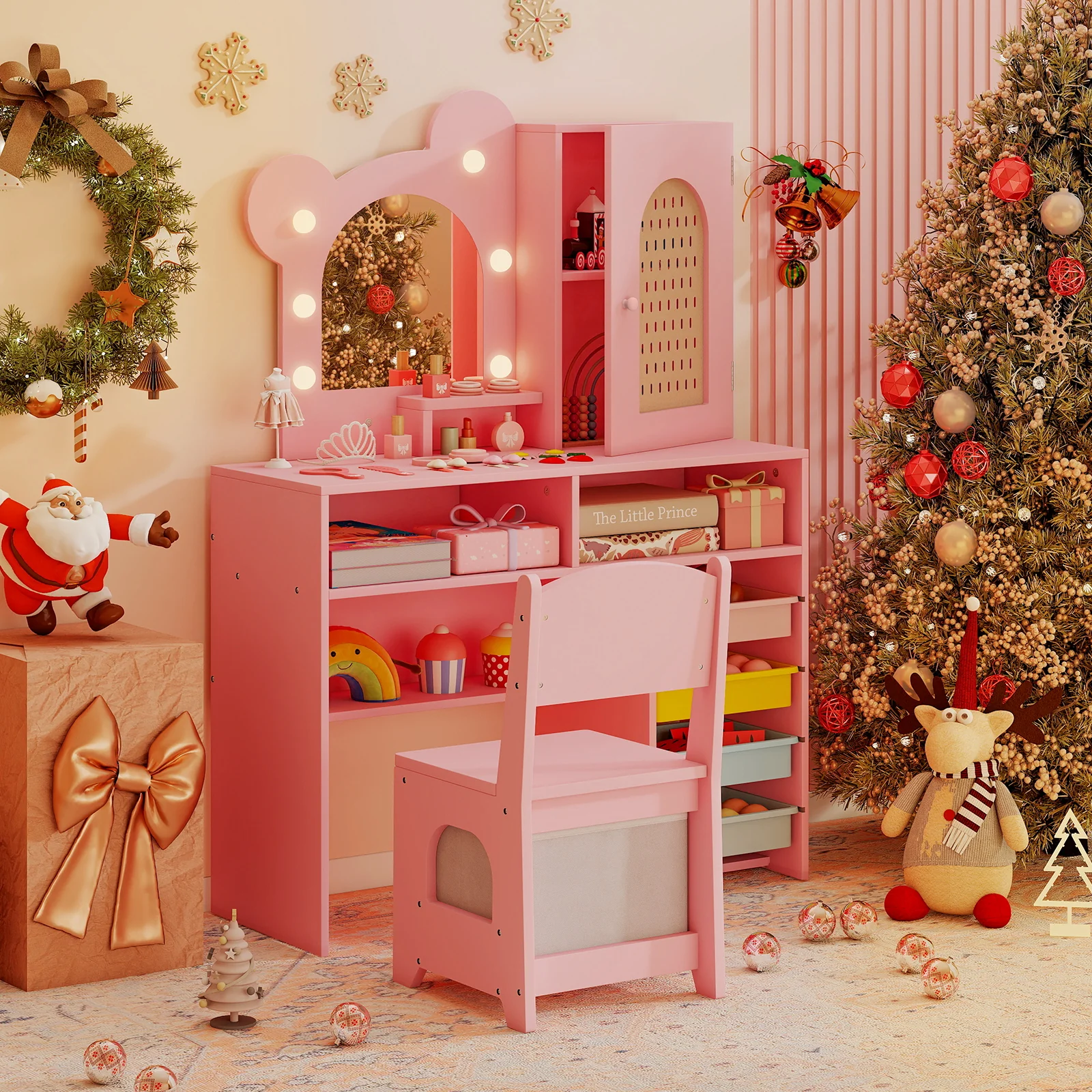 Kids Vanity with Lights and 5 Drawers for Kids Aged 3+ Years Old, Pink - Image 3