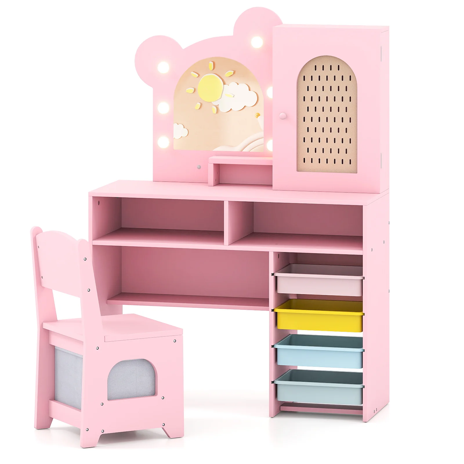 Kids Vanity with Lights and 5 Drawers for Kids Aged 3+ Years Old, Pink - Image 4