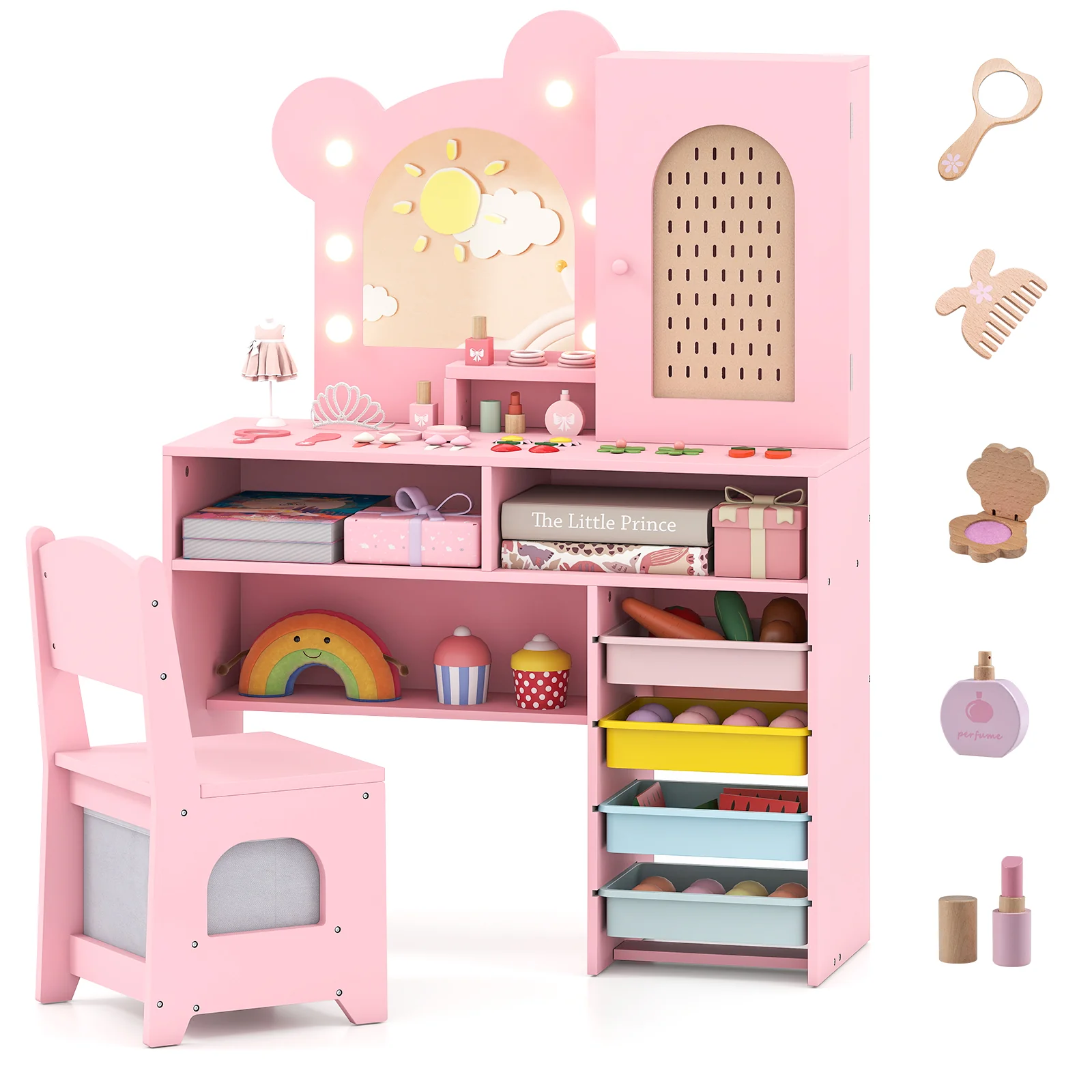 Kids Vanity with Lights and 5 Drawers for Kids Aged 3+ Years Old, Pink - Image 5