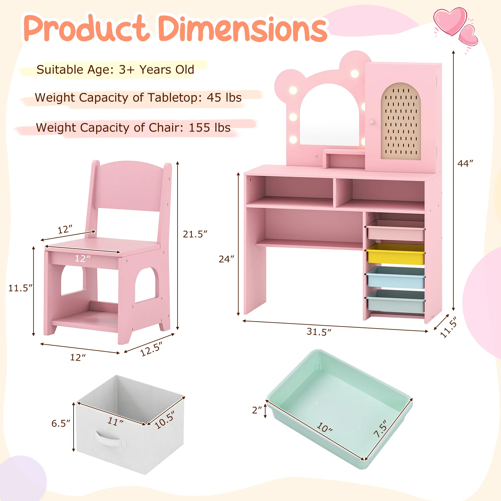 Kids Vanity with Lights and 5 Drawers for Kids Aged 3+ Years Old, Pink - Image 6