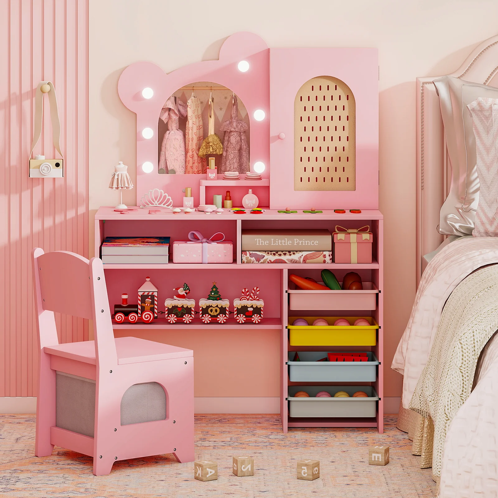 Kids Vanity with Lights and 5 Drawers for Kids Aged 3+ Years Old, Pink - Image 7