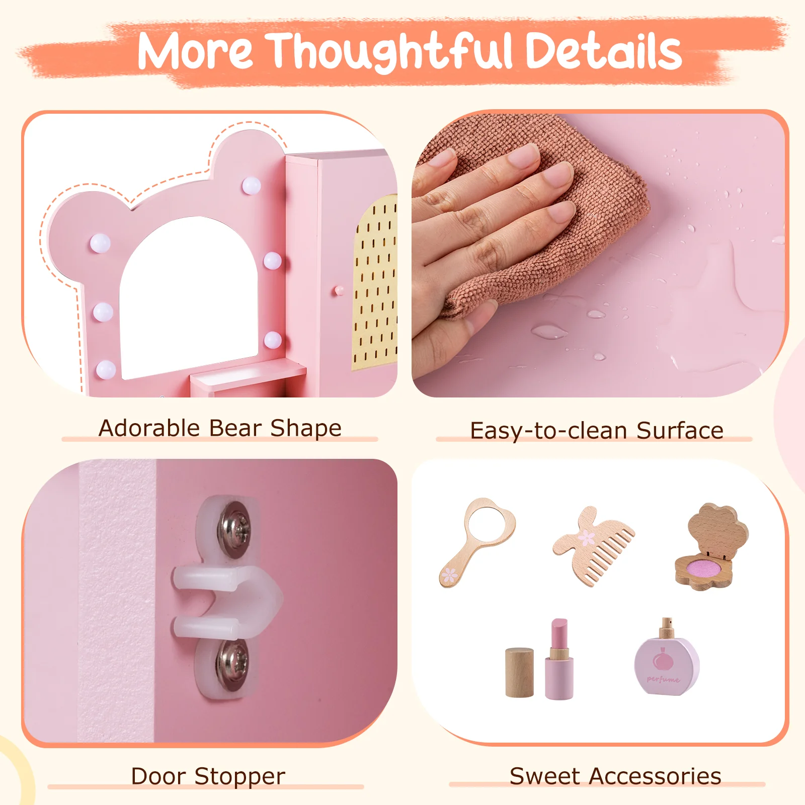 Kids Vanity with Lights and 5 Drawers for Kids Aged 3+ Years Old, Pink - Image 9