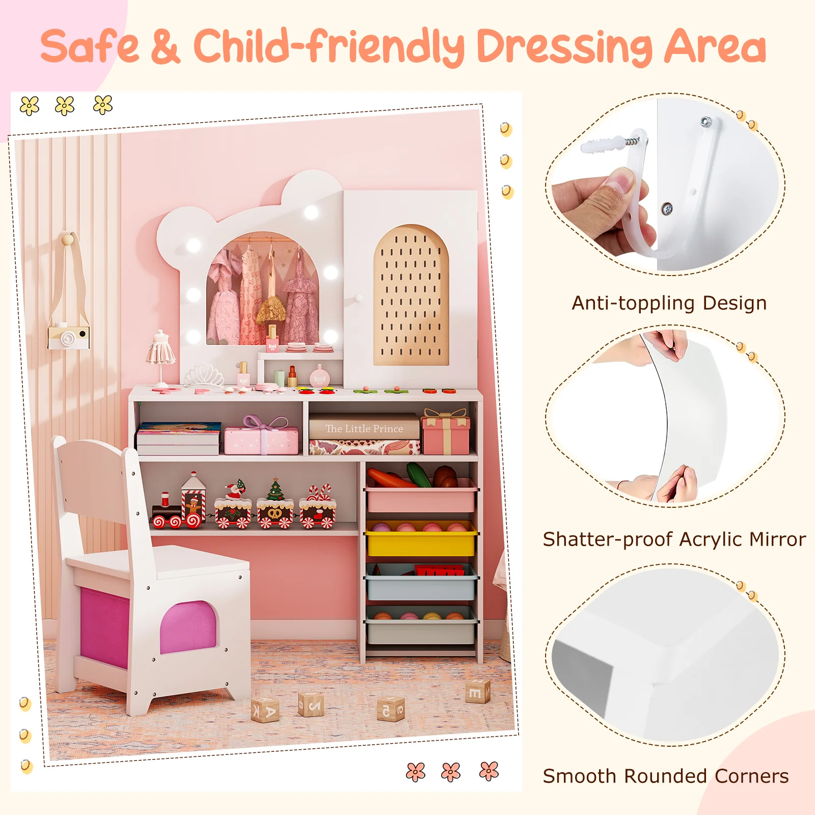 Kids Vanity with Lights and 5 Drawers for Kids Aged 3+ Years Old, White - Image 10