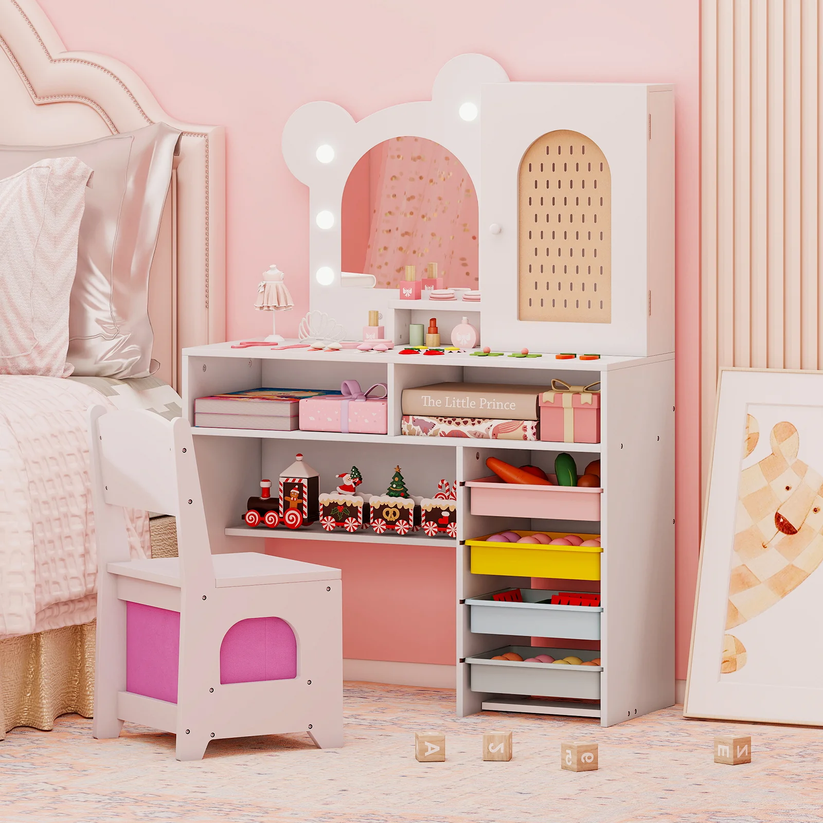 Kids Vanity with Lights and 5 Drawers for Kids Aged 3+ Years Old, White - Image 2