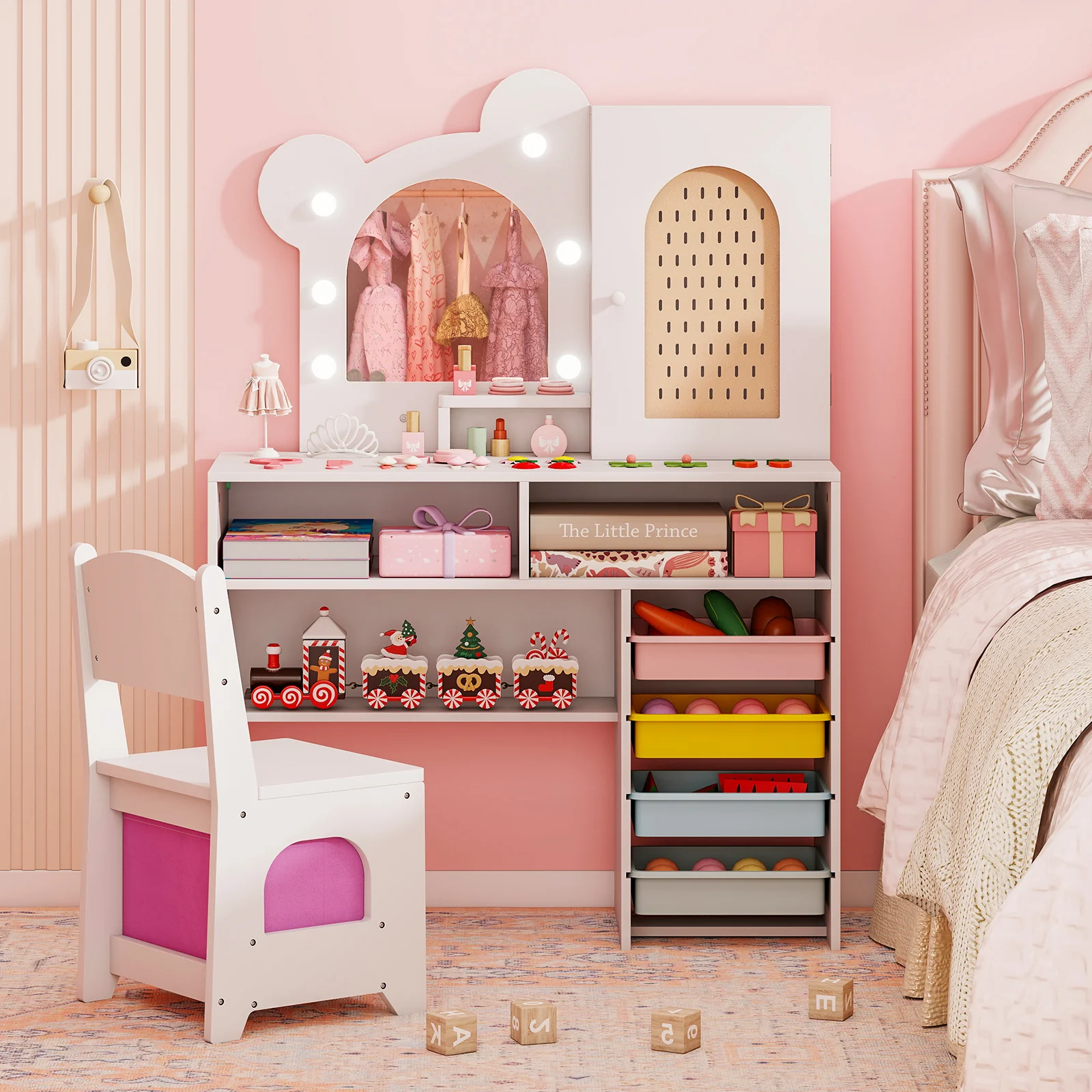 Kids Vanity with Lights and 5 Drawers for Kids Aged 3+ Years Old, White - Image 3