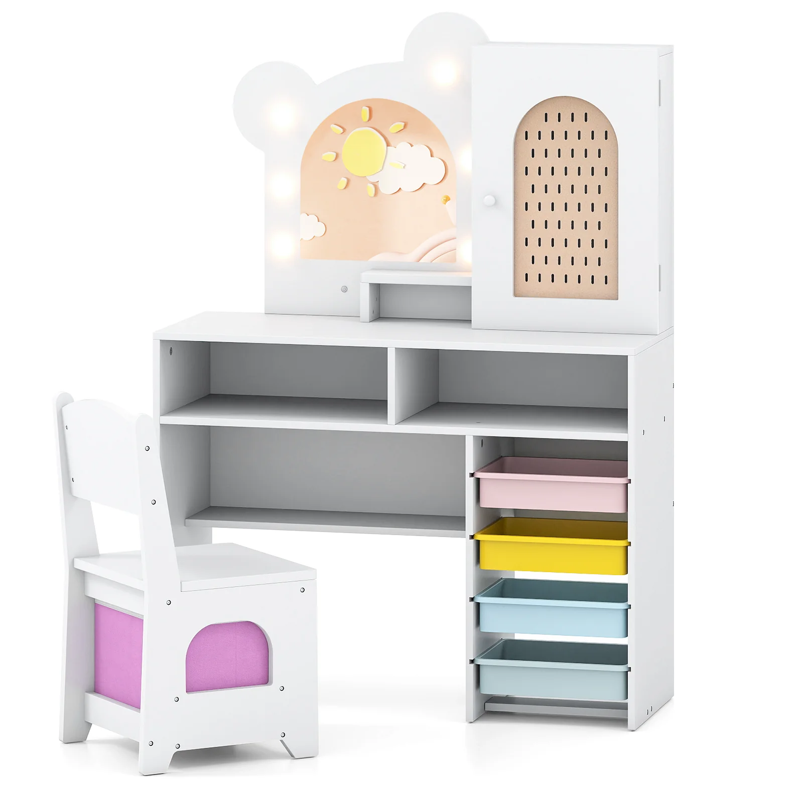 Kids Vanity with Lights and 5 Drawers for Kids Aged 3+ Years Old, White - Image 4