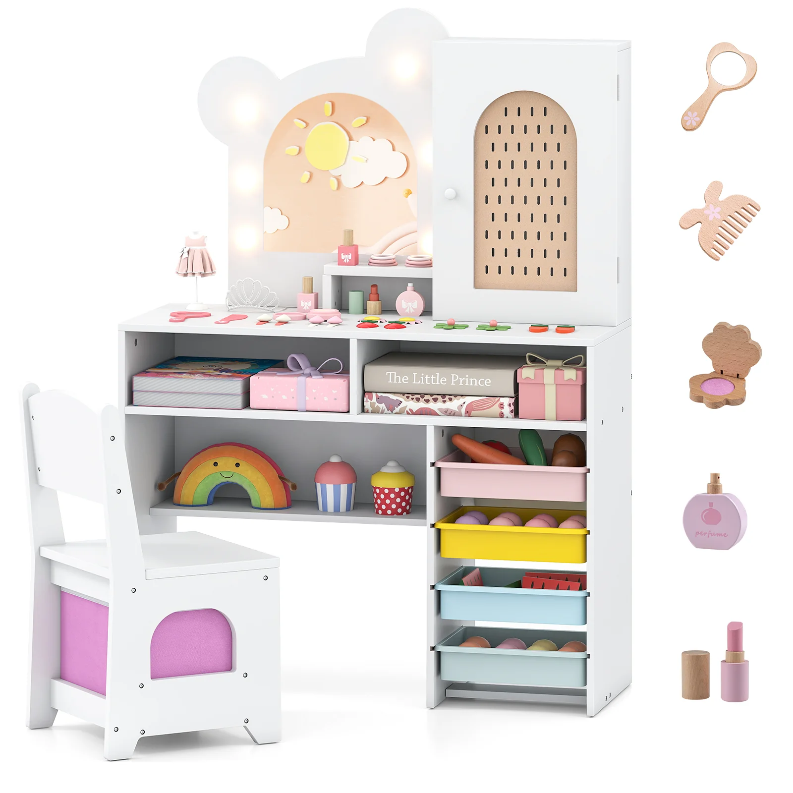 Kids Vanity with Lights and 5 Drawers for Kids Aged 3+ Years Old, White - Image 5