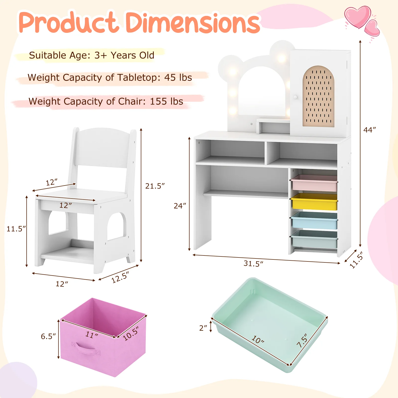 Kids Vanity with Lights and 5 Drawers for Kids Aged 3+ Years Old, White - Image 6