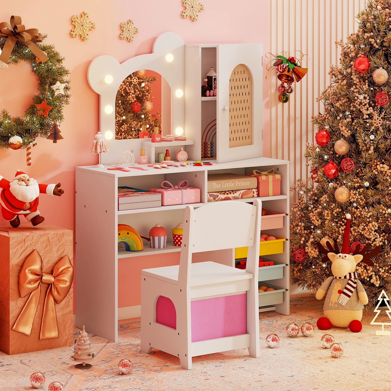 Kids Vanity with Lights and 5 Drawers for Kids Aged 3+ Years Old, White - Image 7