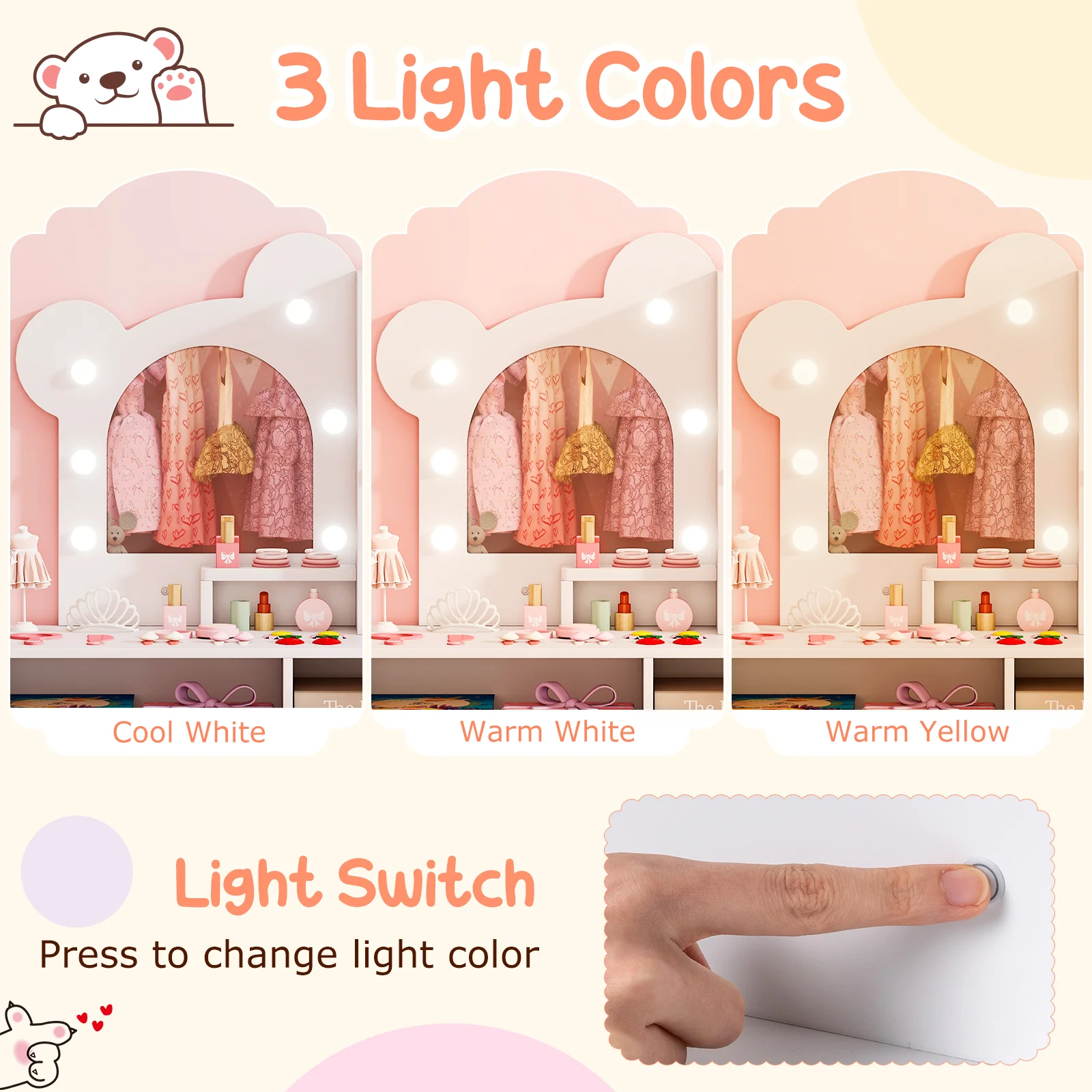 Kids Vanity with Lights and 5 Drawers for Kids Aged 3+ Years Old, White - Image 9