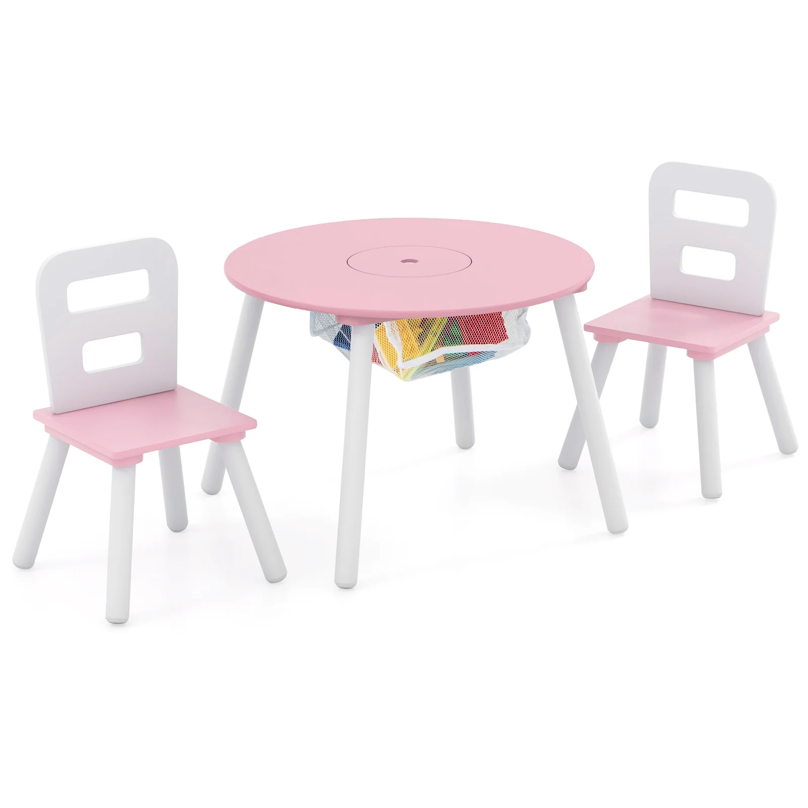 Kids Wood Table And Chair Set With Mesh Storage, Pink