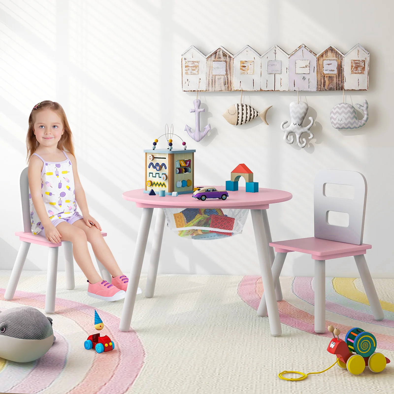 Kids Wood Table And Chair Set With Mesh Storage, Pink - Image 2