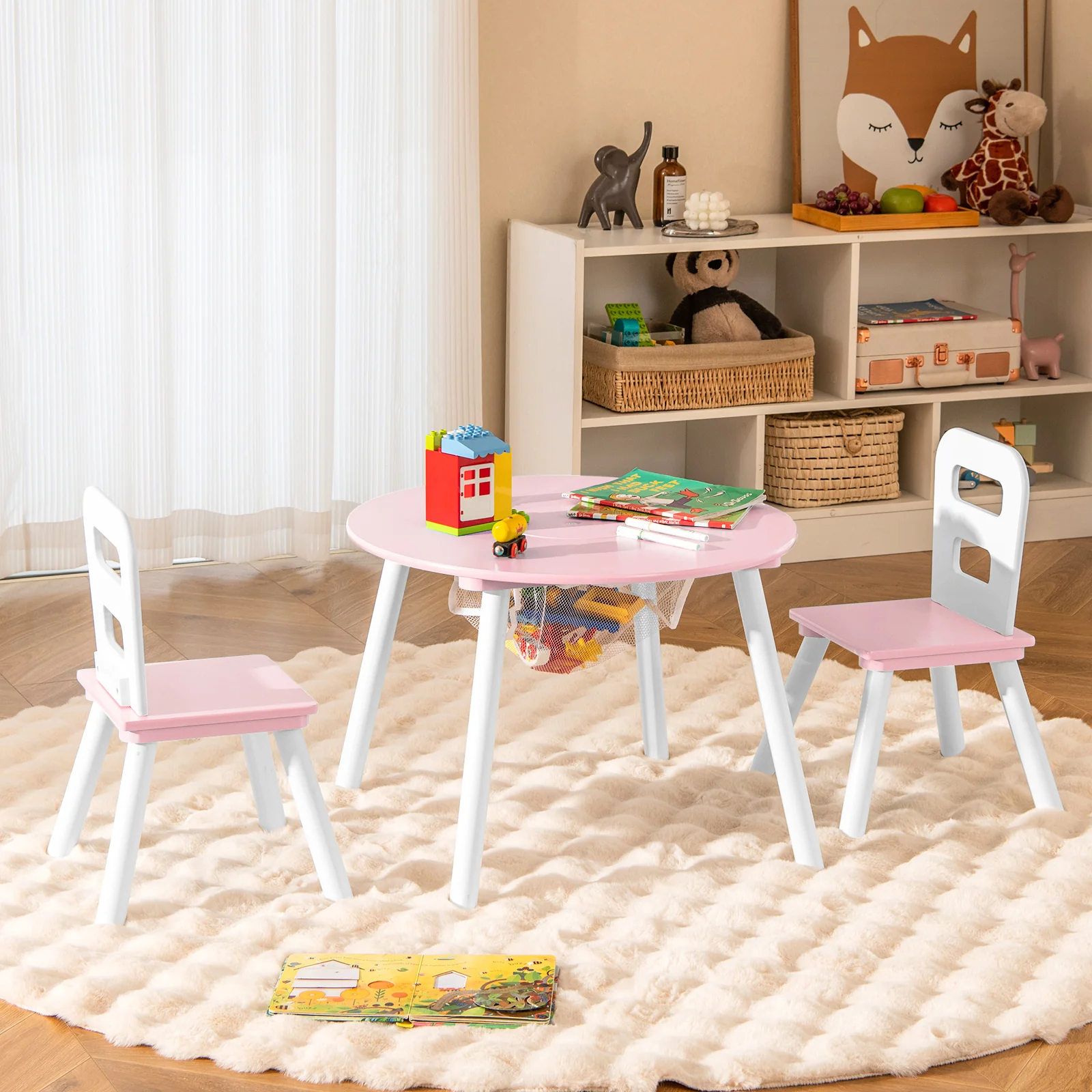 Kids Wood Table And Chair Set With Mesh Storage, Pink - Image 3