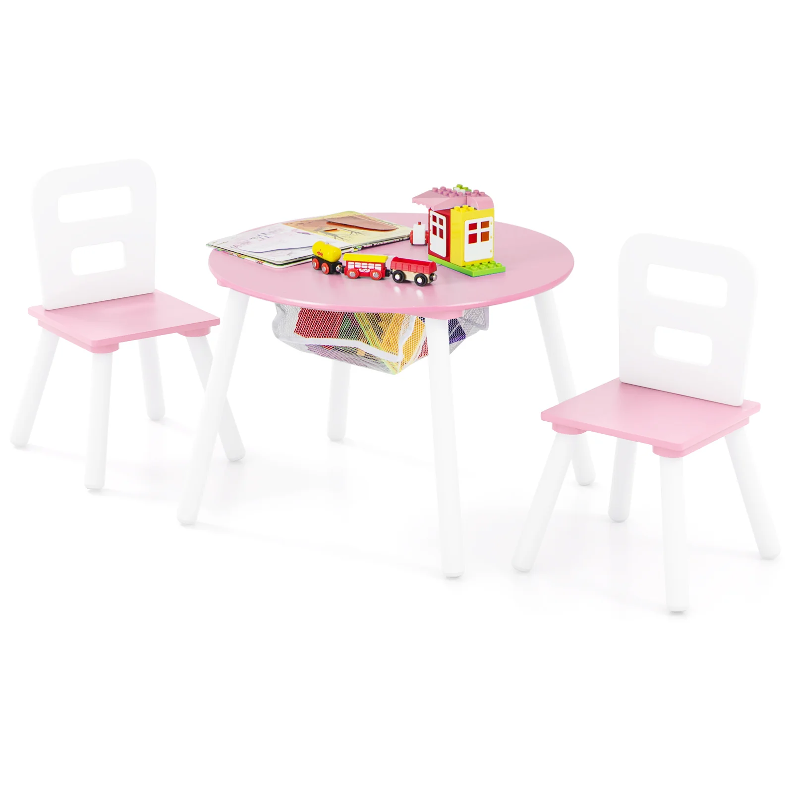 Kids Wood Table And Chair Set With Mesh Storage, Pink - Image 5