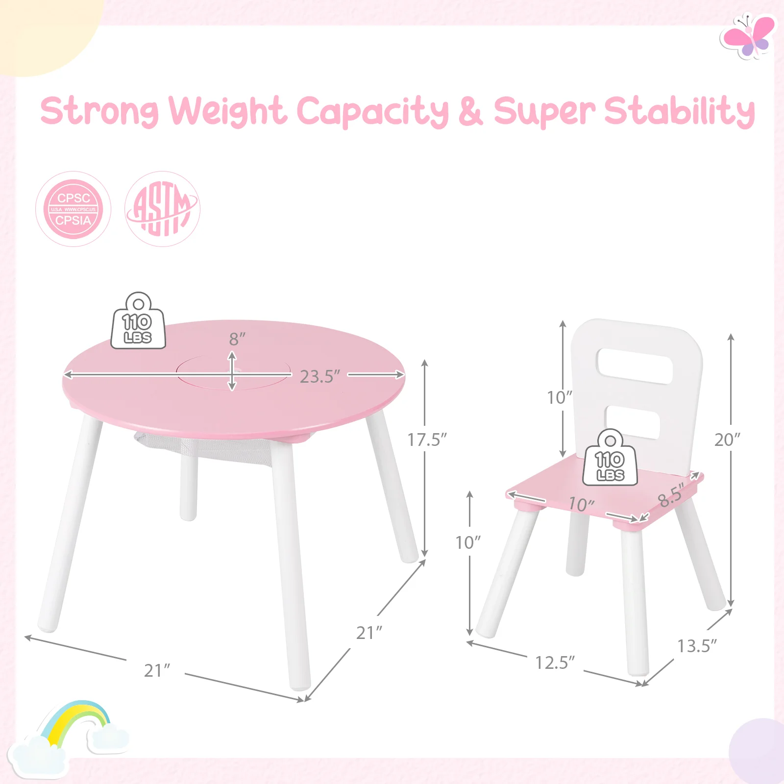 Kids Wood Table And Chair Set With Mesh Storage, Pink - Image 6