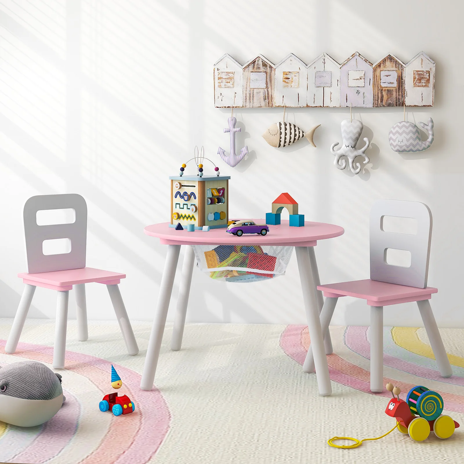 Kids Wood Table And Chair Set With Mesh Storage, Pink - Image 8