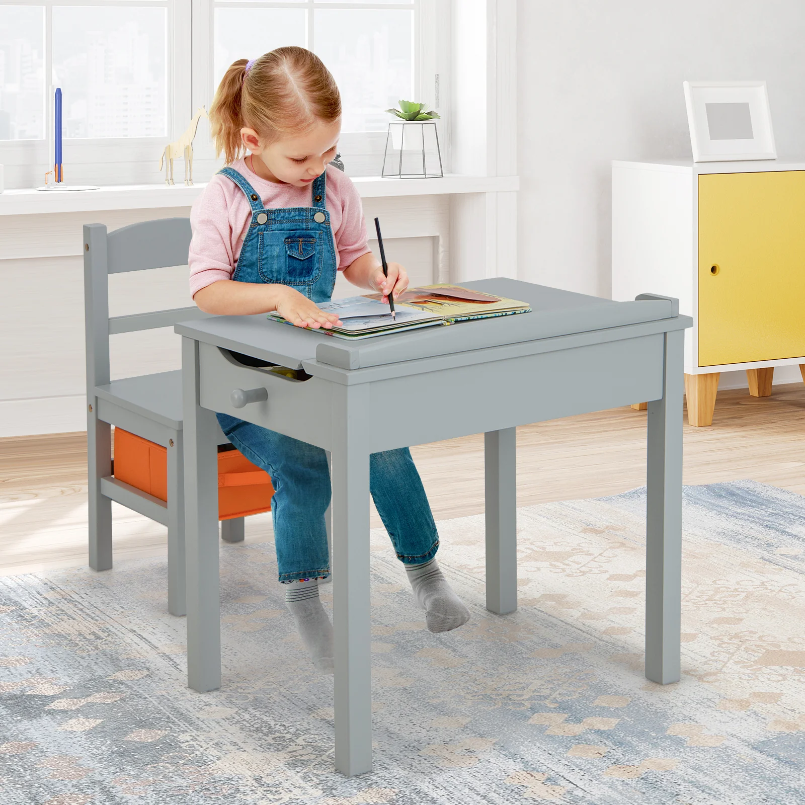 Kids Wood Table And Chair Set With Storage, Gray - Image 3