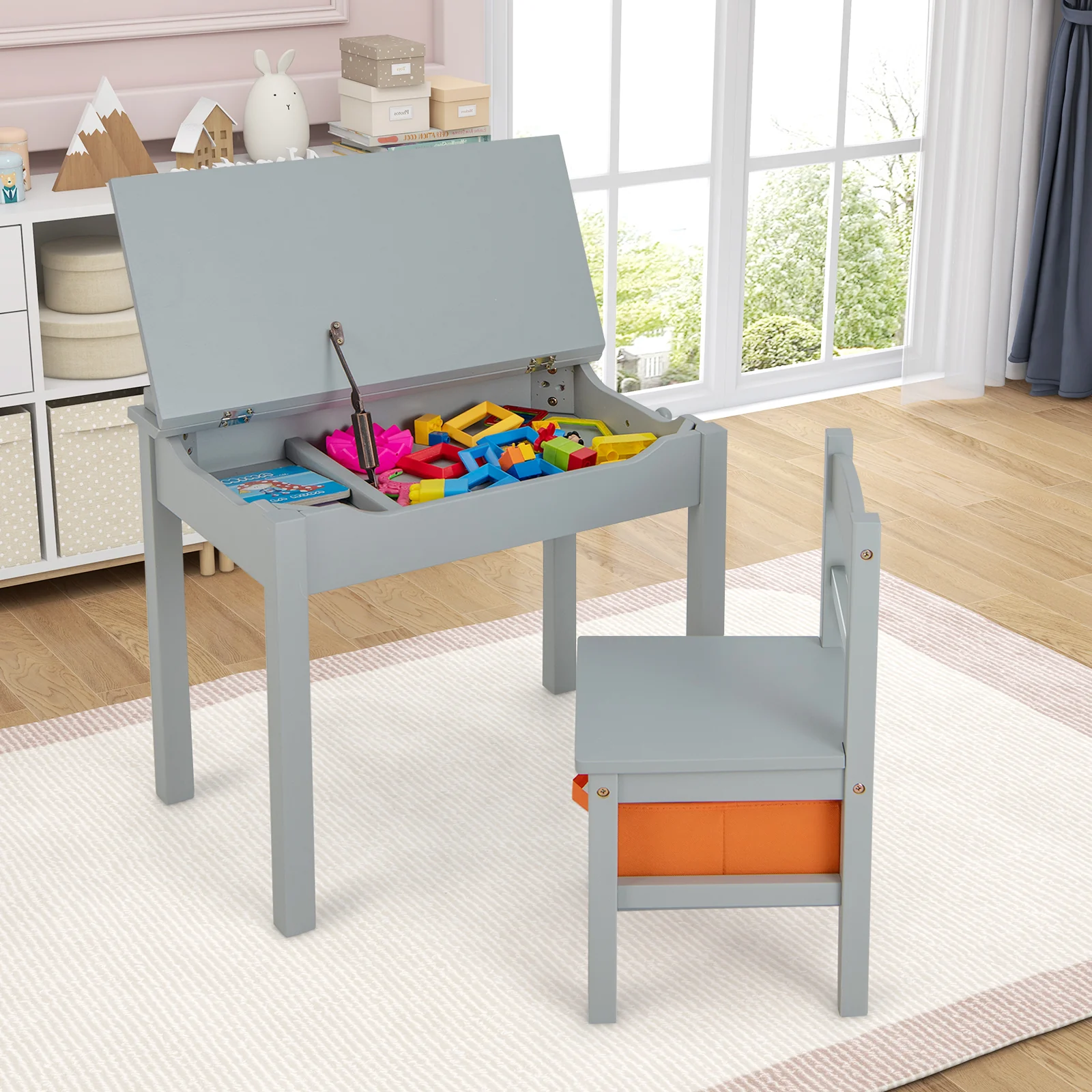 Kids Wood Table And Chair Set With Storage, Gray - Image 5