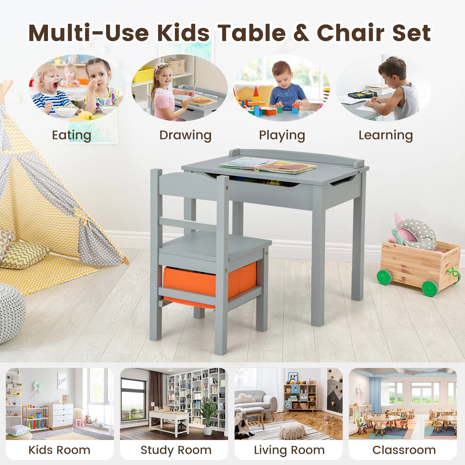 Kids Wood Table And Chair Set With Storage, Gray - Image 7