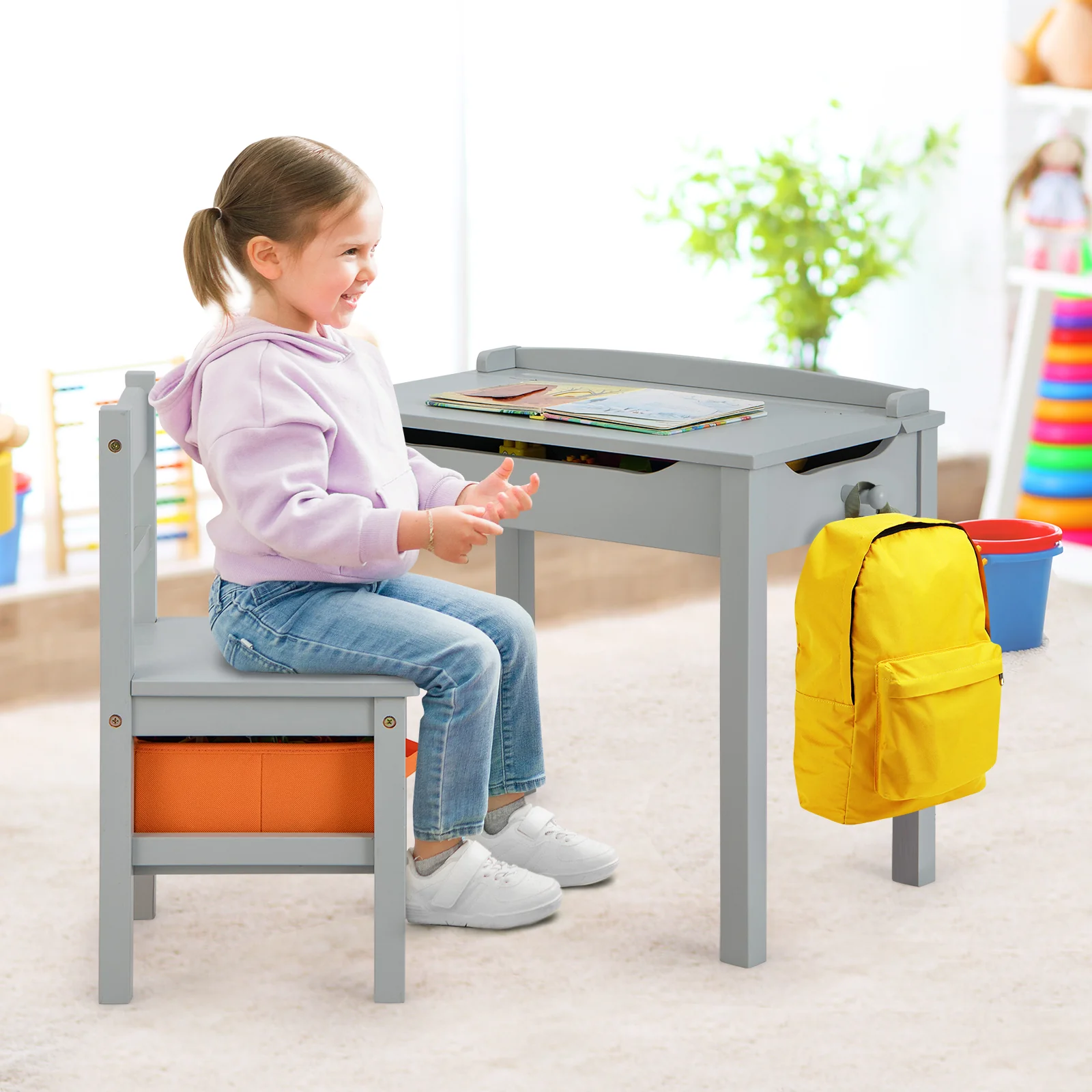 Kids Wood Table And Chair Set With Storage, Gray - Image 9
