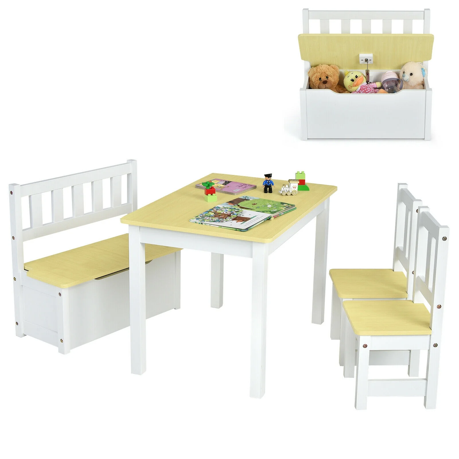 Kids Wooden Activity Table, Chairs Set, Storage Bench, Study Desk, Natural - Image 4