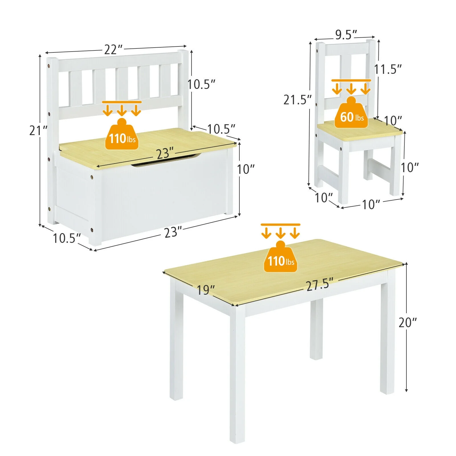 Kids Wooden Activity Table, Chairs Set, Storage Bench, Study Desk, Natural - Image 5