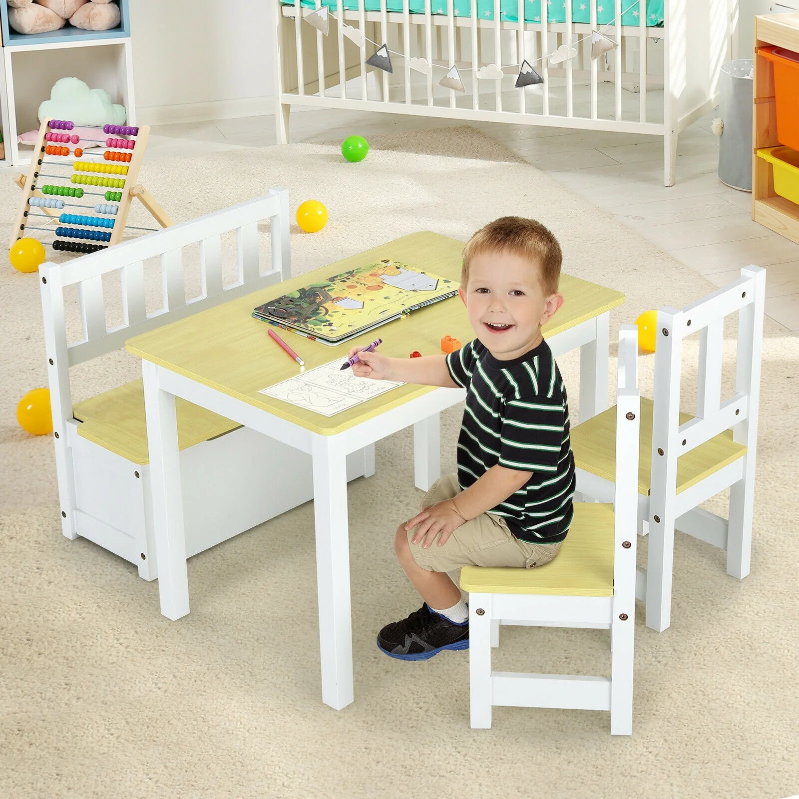 Kids Wooden Activity Table, Chairs Set, Storage Bench, Study Desk, Natural - Image 7