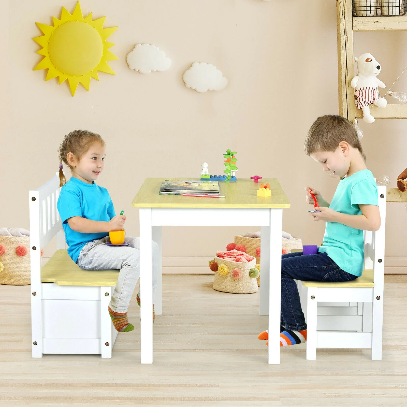 Kids Wooden Activity Table, Chairs Set, Storage Bench, Study Desk, Natural - Image 9