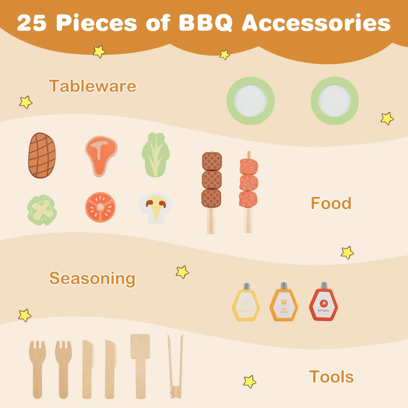 Kids Wooden Barbecue Grill Playset, Pretend Kitchen, Food And Wheels, Natural - Image 10