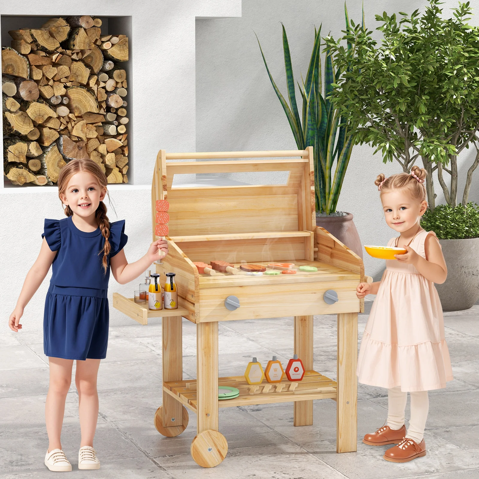 Kids Wooden Barbecue Grill Playset, Pretend Kitchen, Food And Wheels, Natural - Image 2