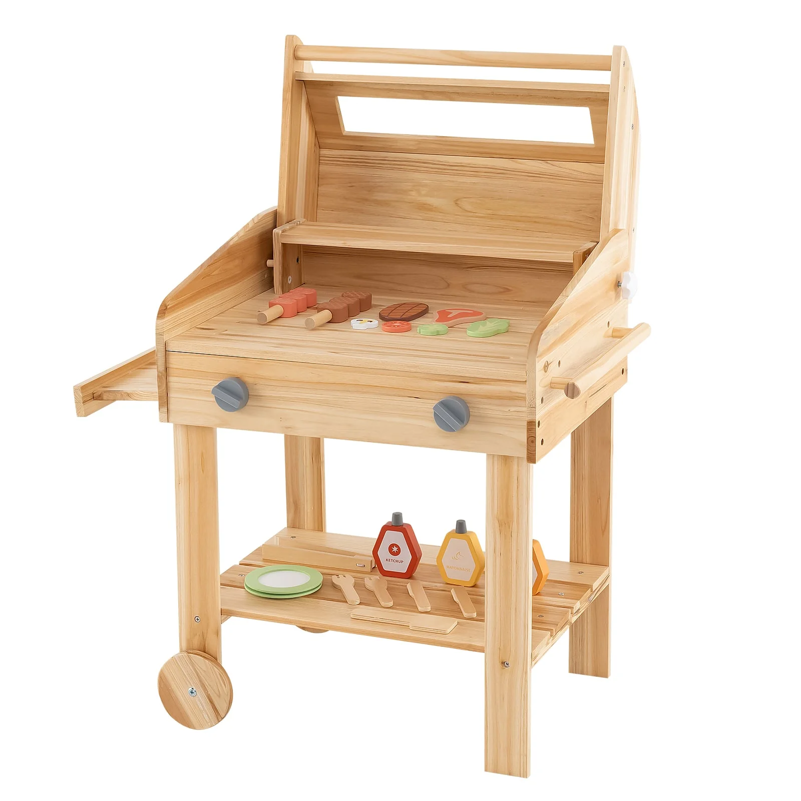 Kids Wooden Barbecue Grill Playset, Pretend Kitchen, Food And Wheels, Natural - Image 3