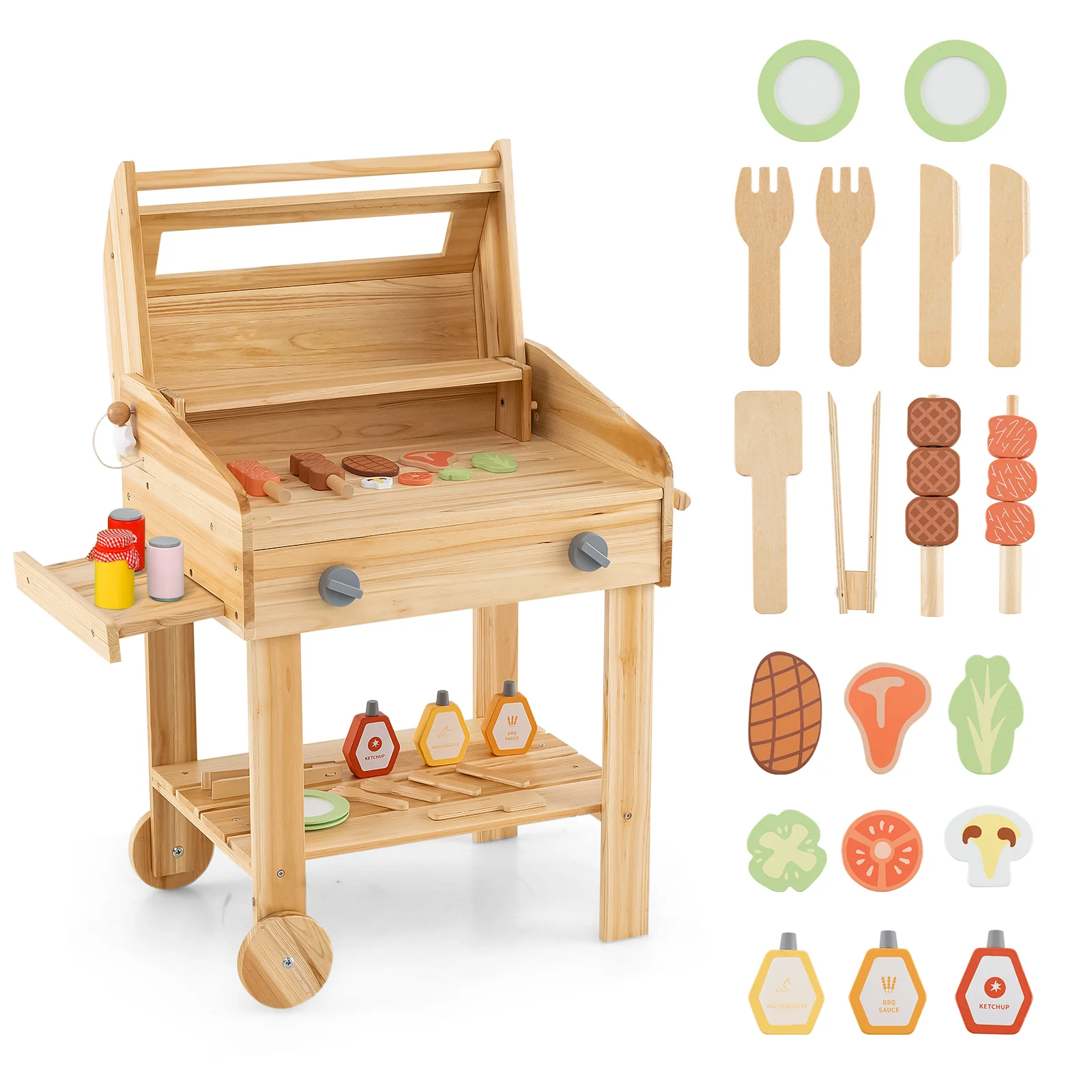 Kids Wooden Barbecue Grill Playset, Pretend Kitchen, Food And Wheels, Natural - Image 4
