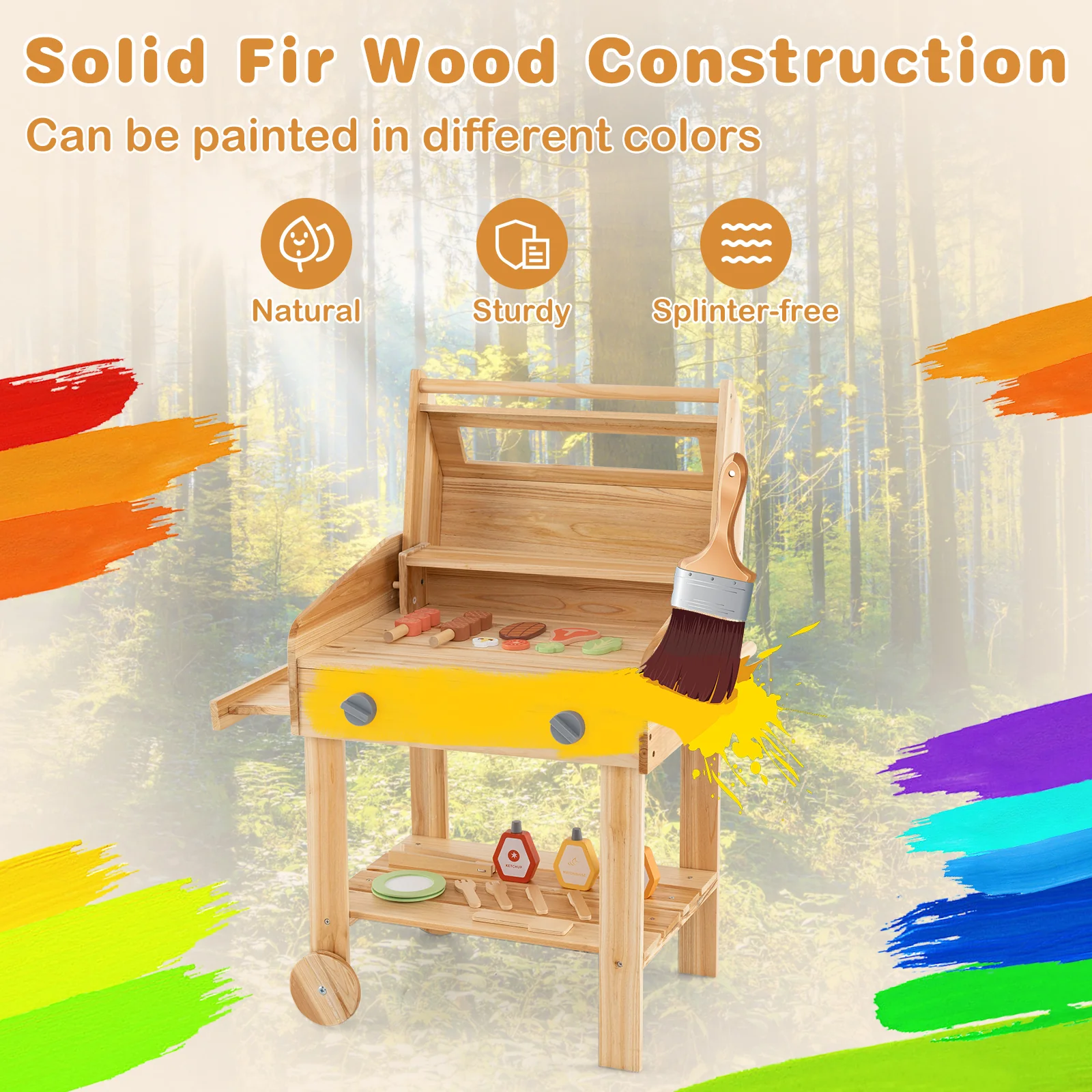 Kids Wooden Barbecue Grill Playset, Pretend Kitchen, Food And Wheels, Natural - Image 5
