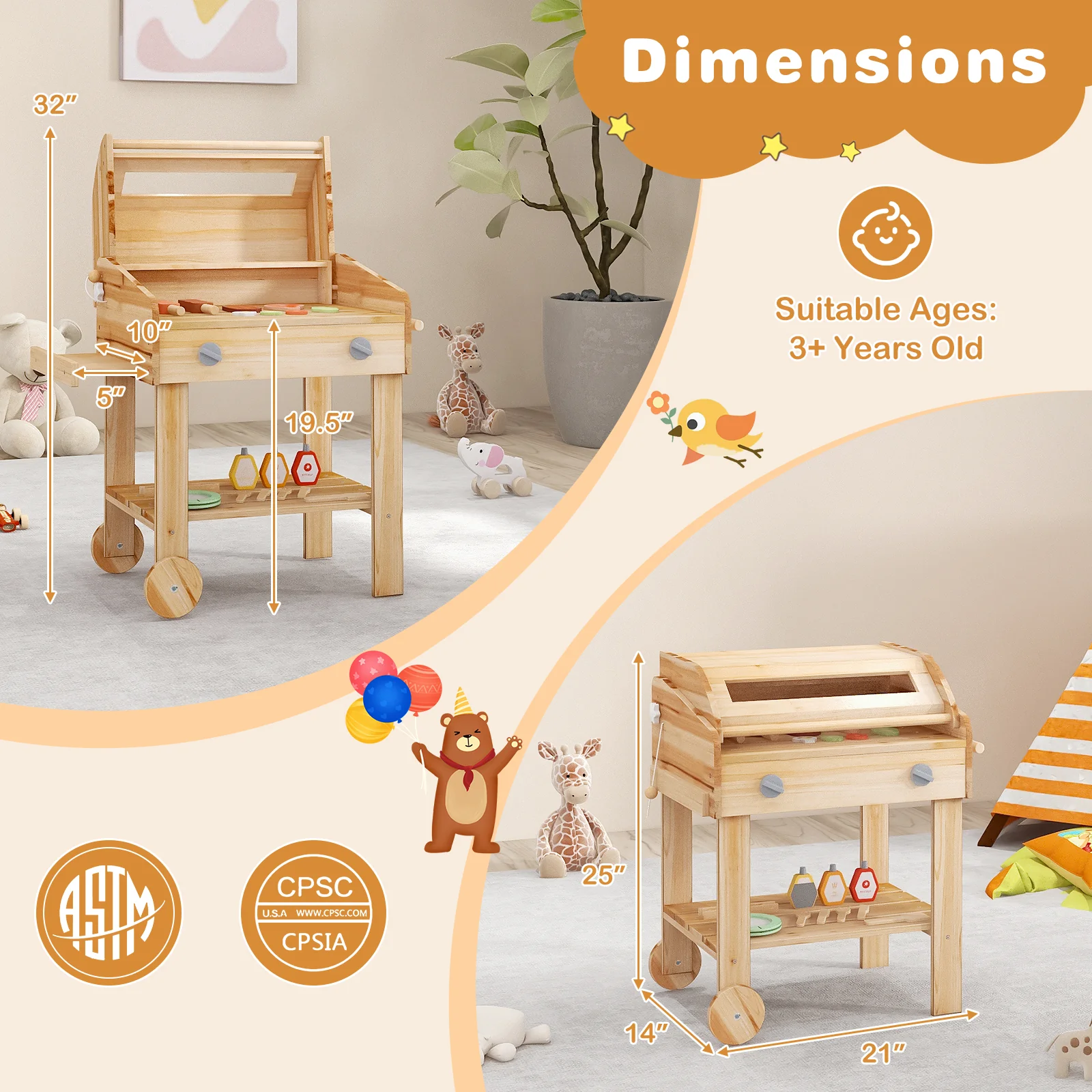 Kids Wooden Barbecue Grill Playset, Pretend Kitchen, Food And Wheels, Natural - Image 6