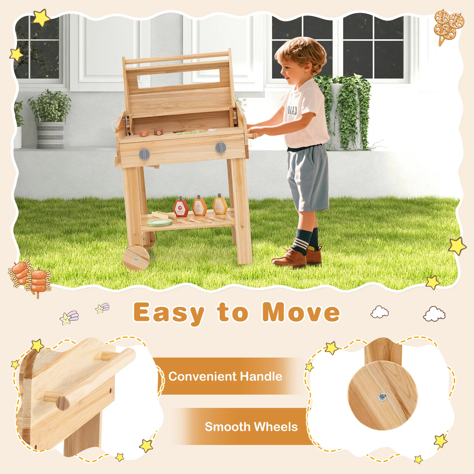 Kids Wooden Barbecue Grill Playset, Pretend Kitchen, Food And Wheels, Natural - Image 7