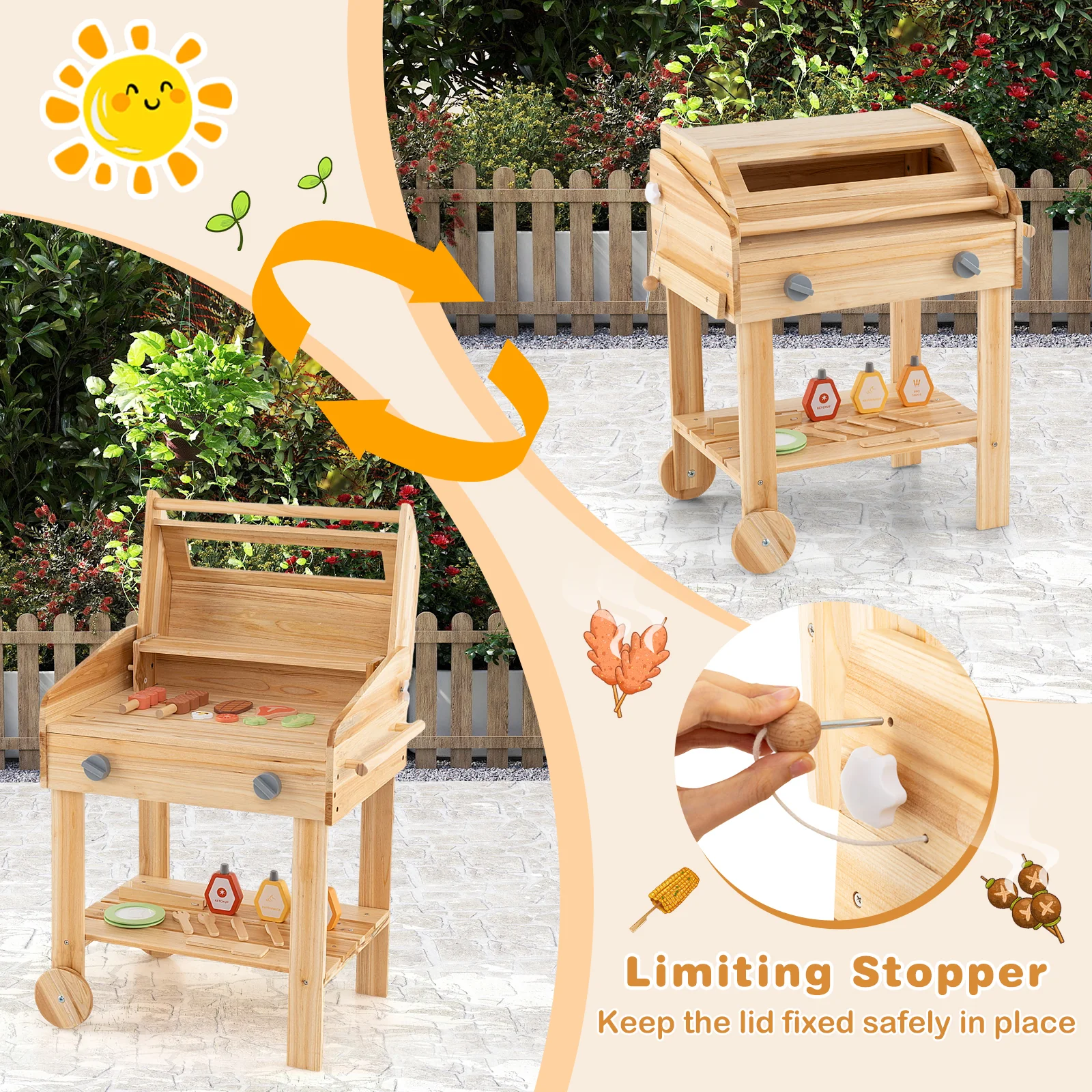 Kids Wooden Barbecue Grill Playset, Pretend Kitchen, Food And Wheels, Natural - Image 8
