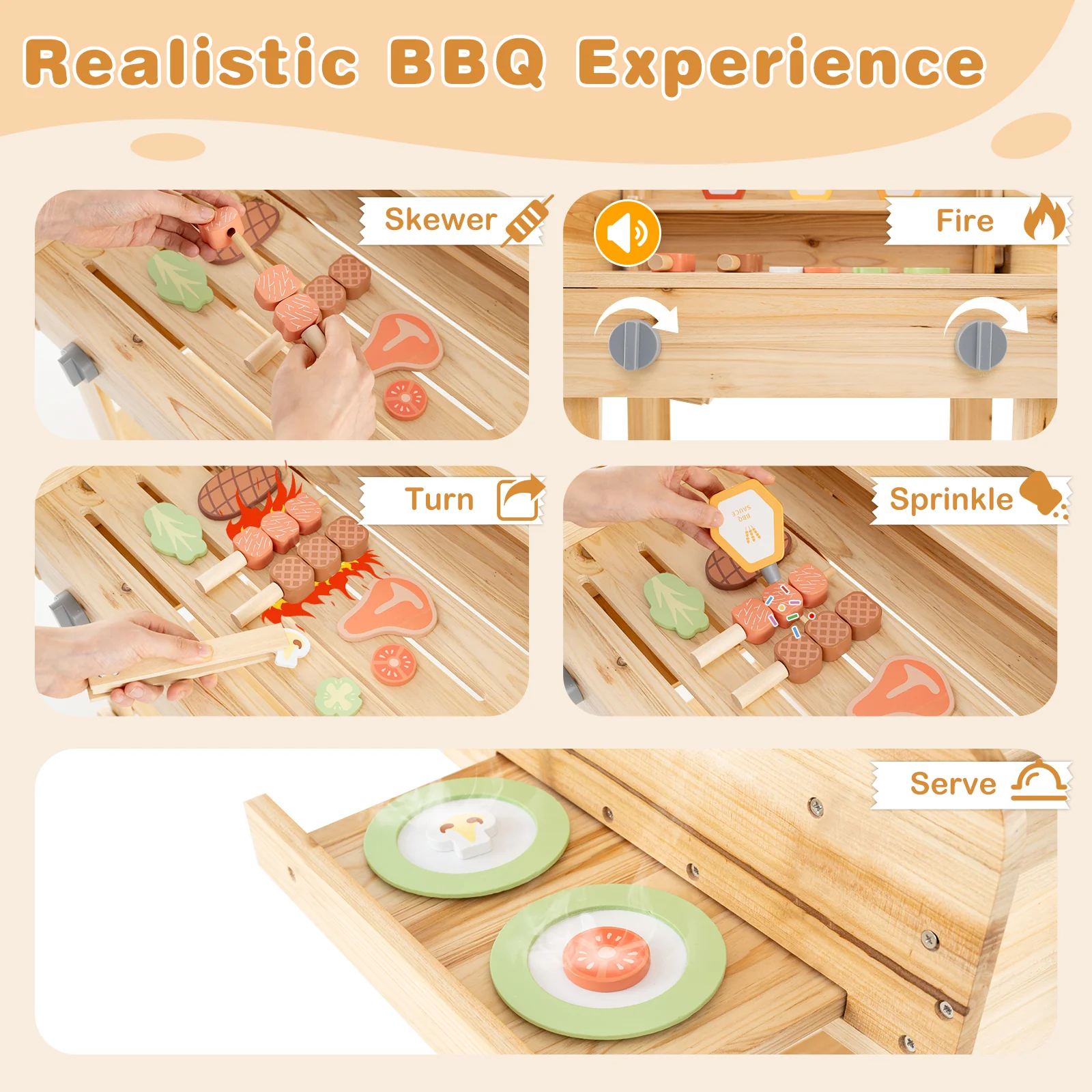 Kids Wooden Barbecue Grill Playset, Pretend Kitchen, Food And Wheels, Natural - Image 9
