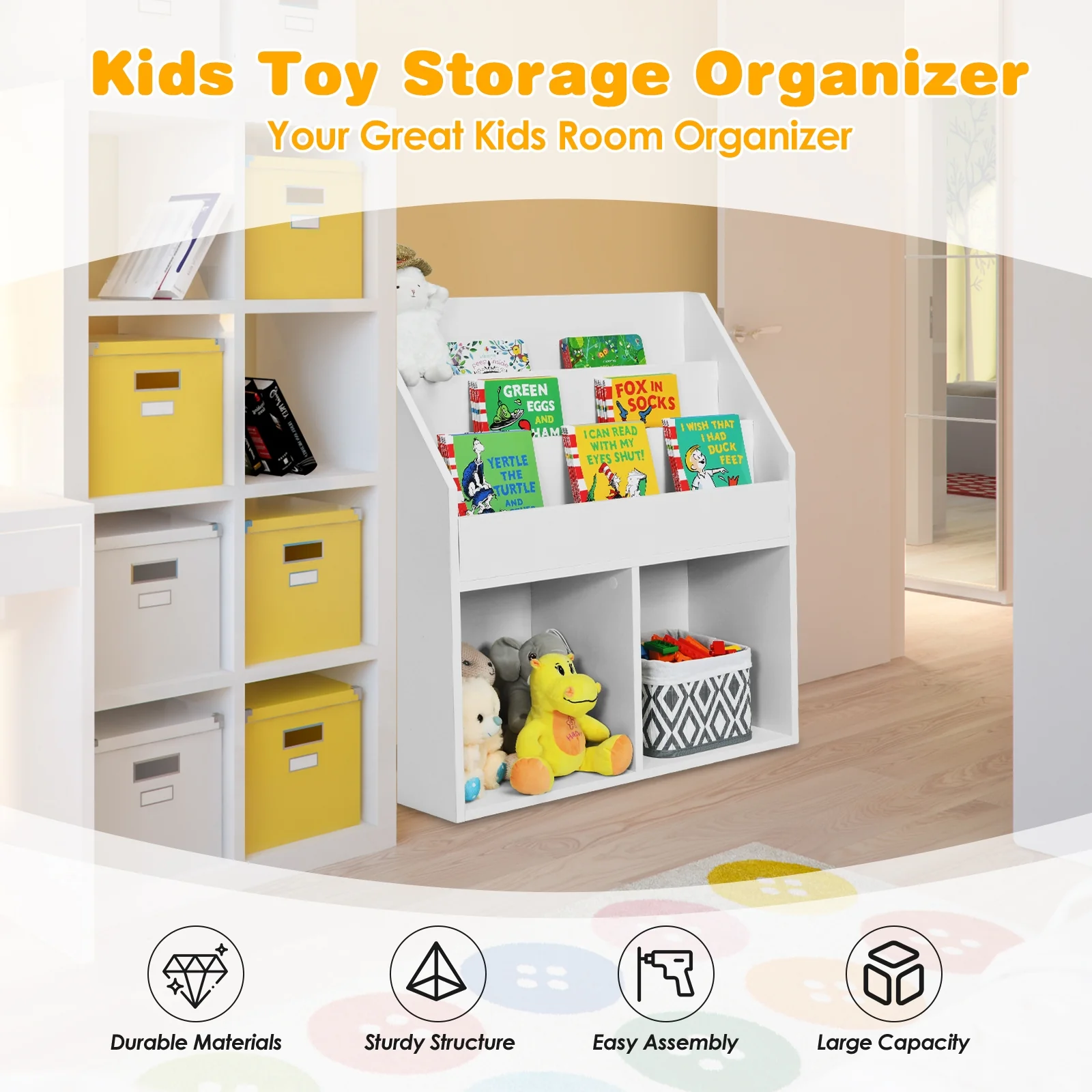 Kids Wooden Bookshelf, Toy Storage Cabinet, White - Image 3