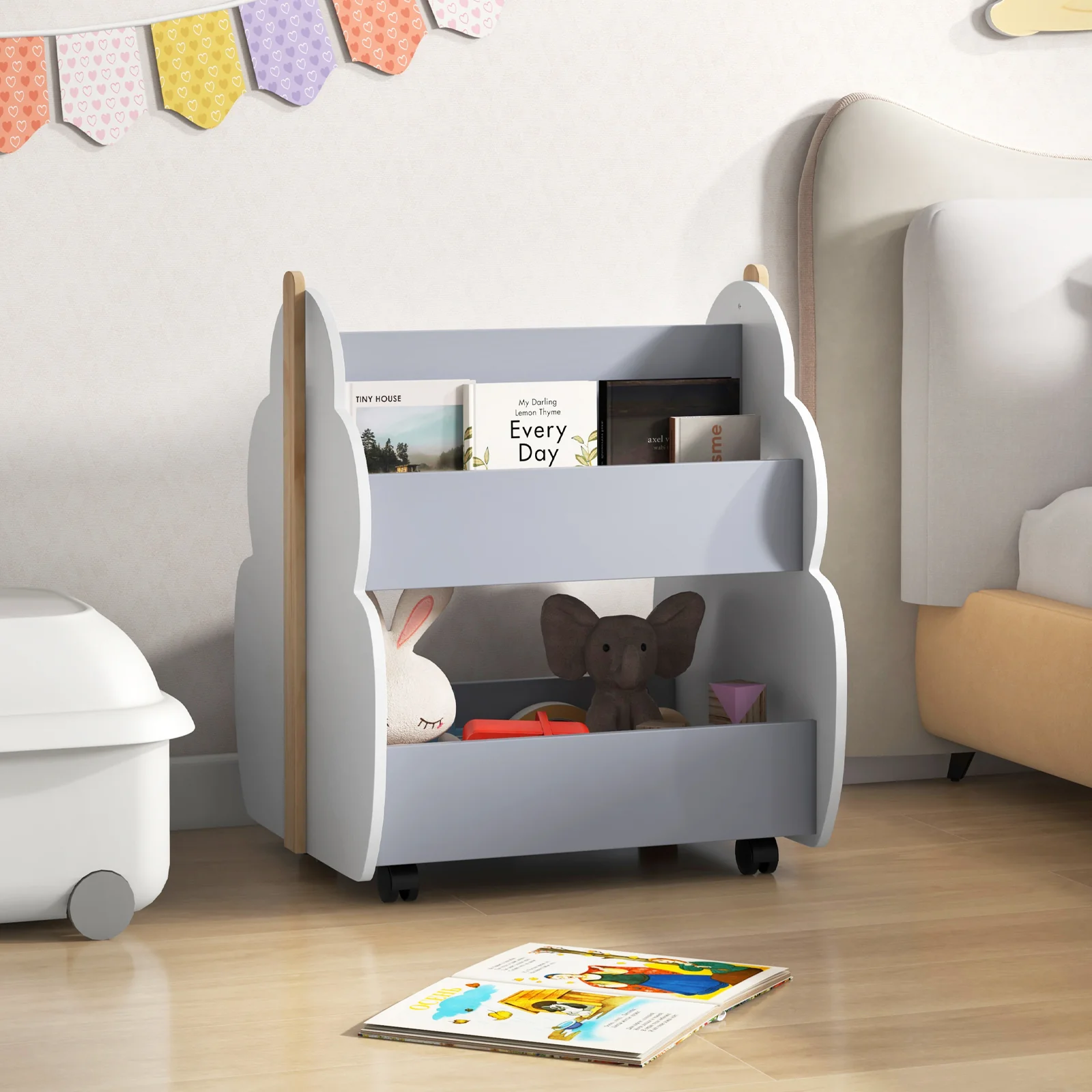 Kids Wooden Bookshelf With Universal Wheels, Gray - Image 2