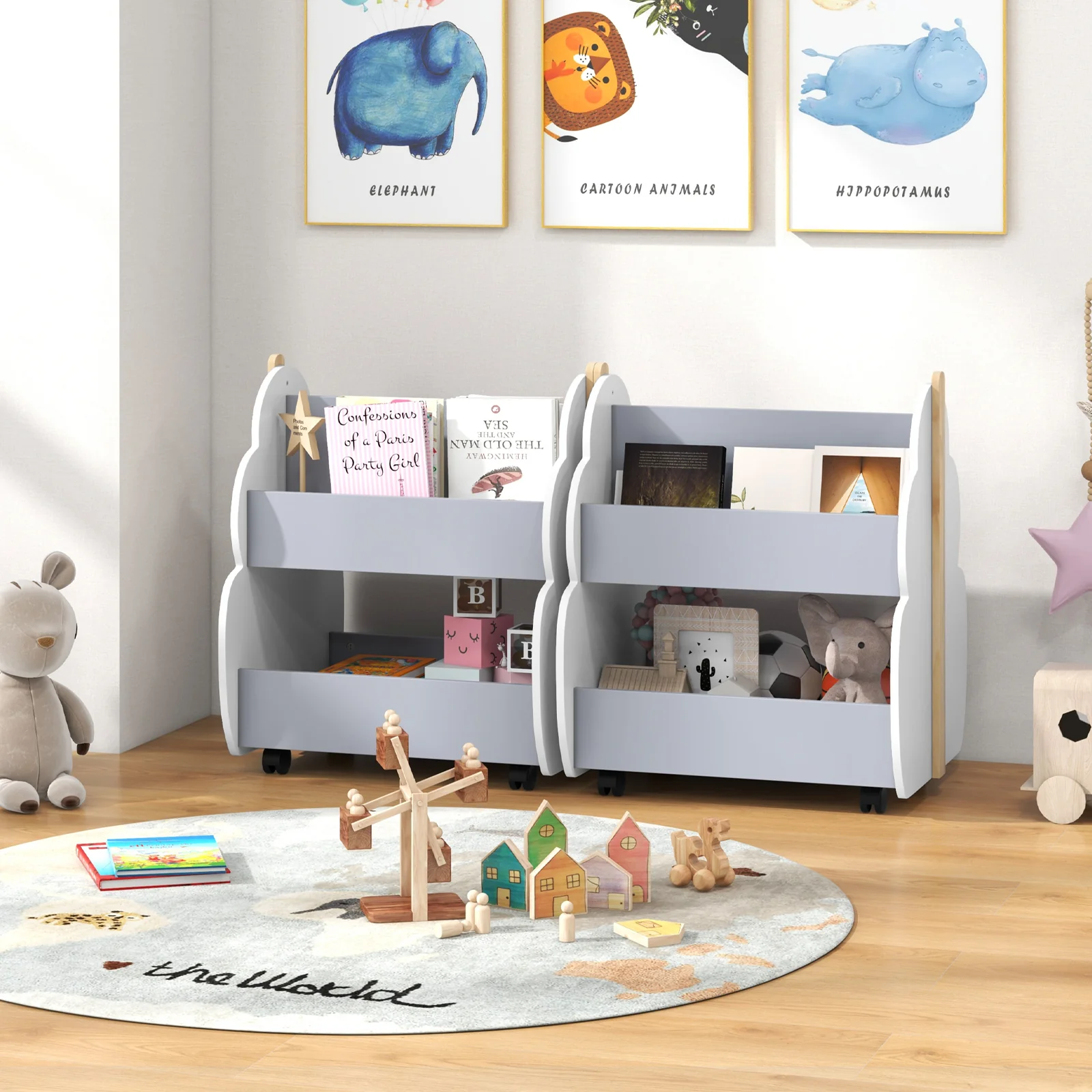 Kids Wooden Bookshelf With Universal Wheels, Gray - Image 3