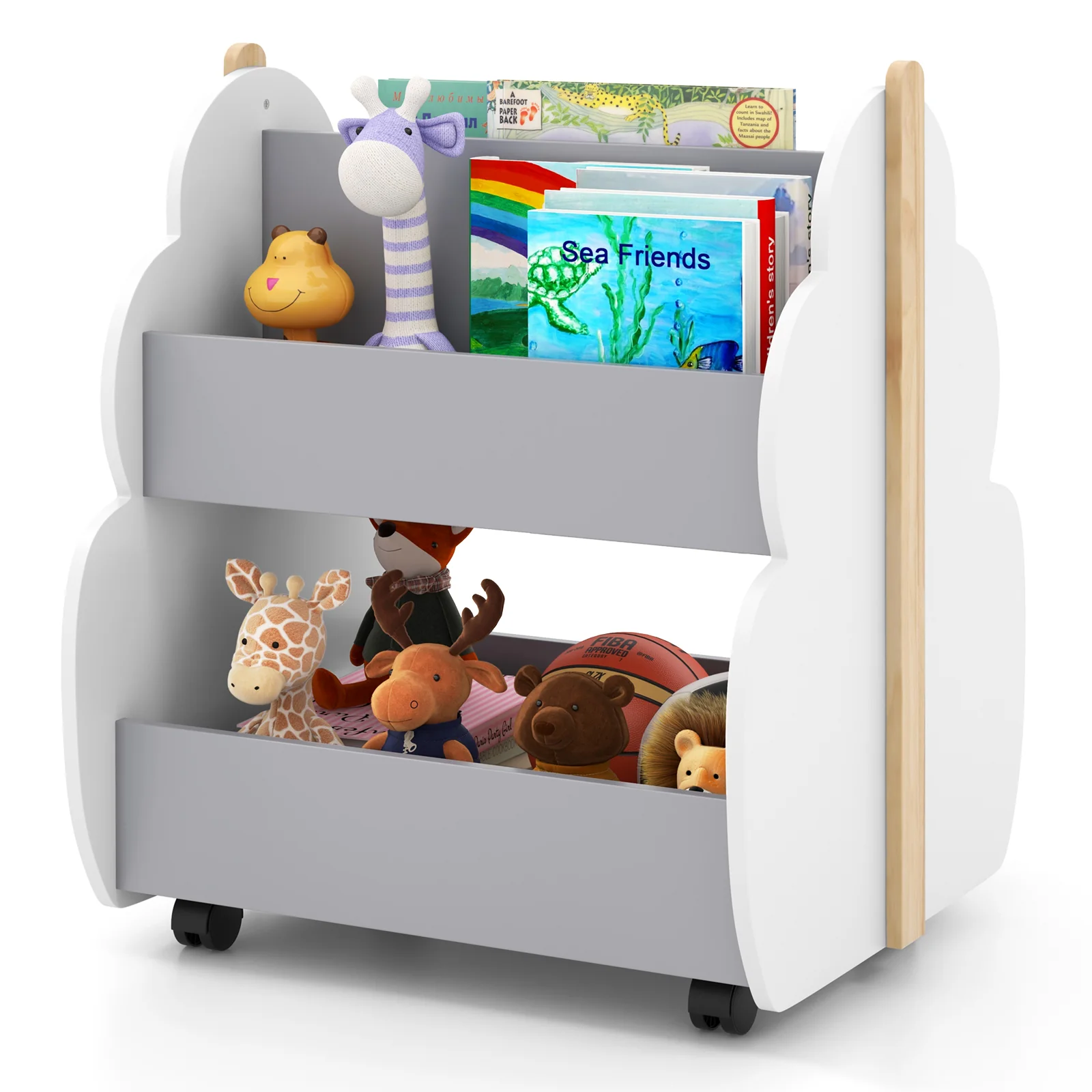 Kids Wooden Bookshelf With Universal Wheels, Gray - Image 5