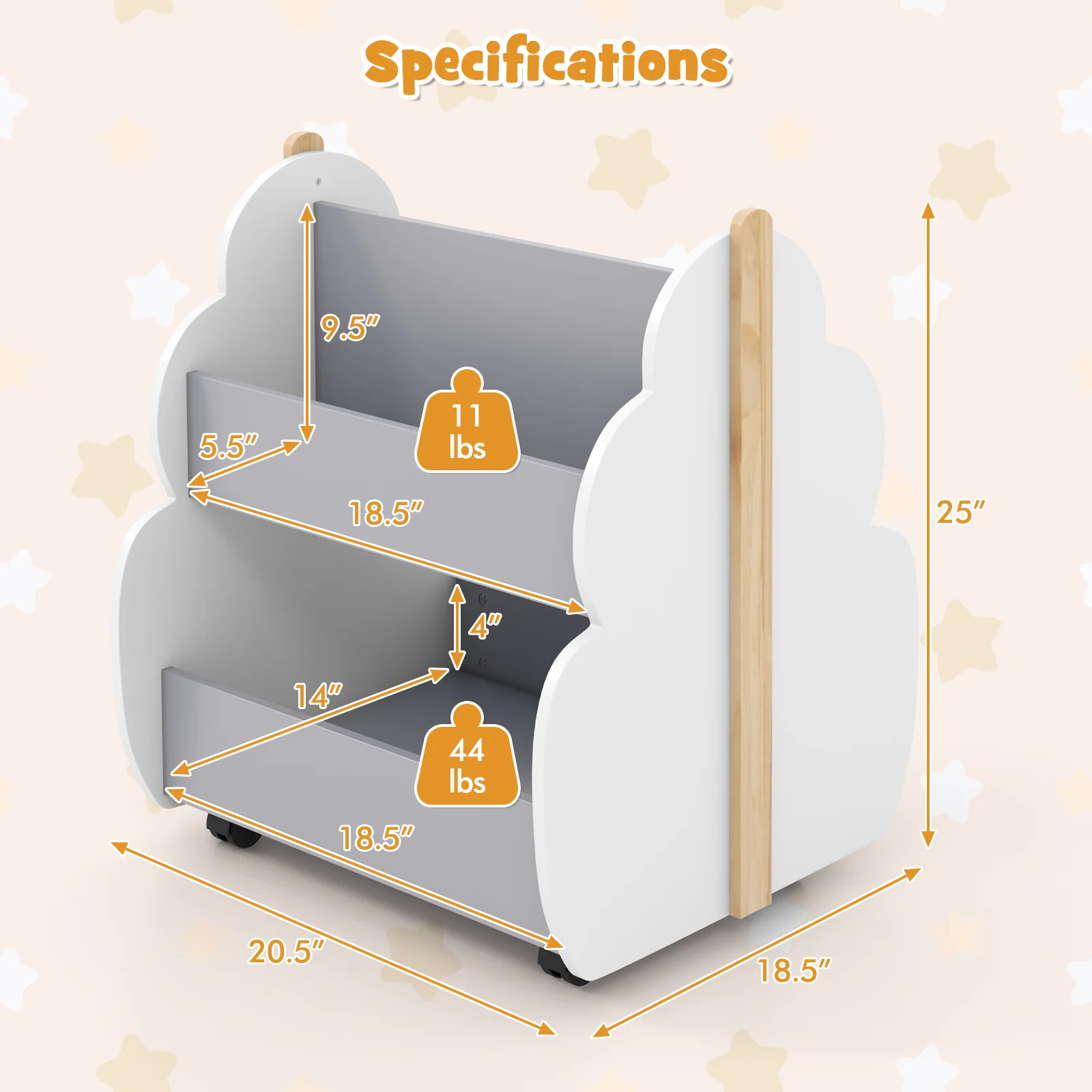 Kids Wooden Bookshelf With Universal Wheels, Gray - Image 6
