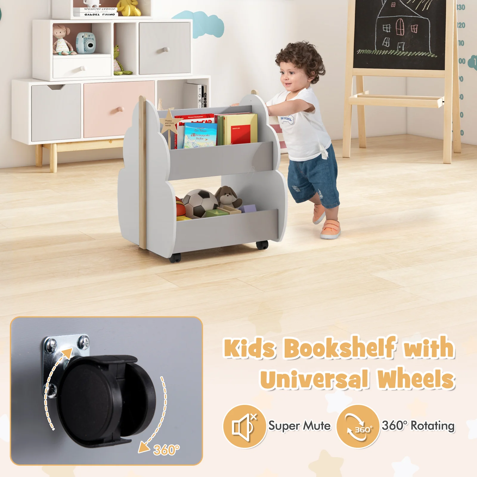Kids Wooden Bookshelf With Universal Wheels, Gray - Image 7