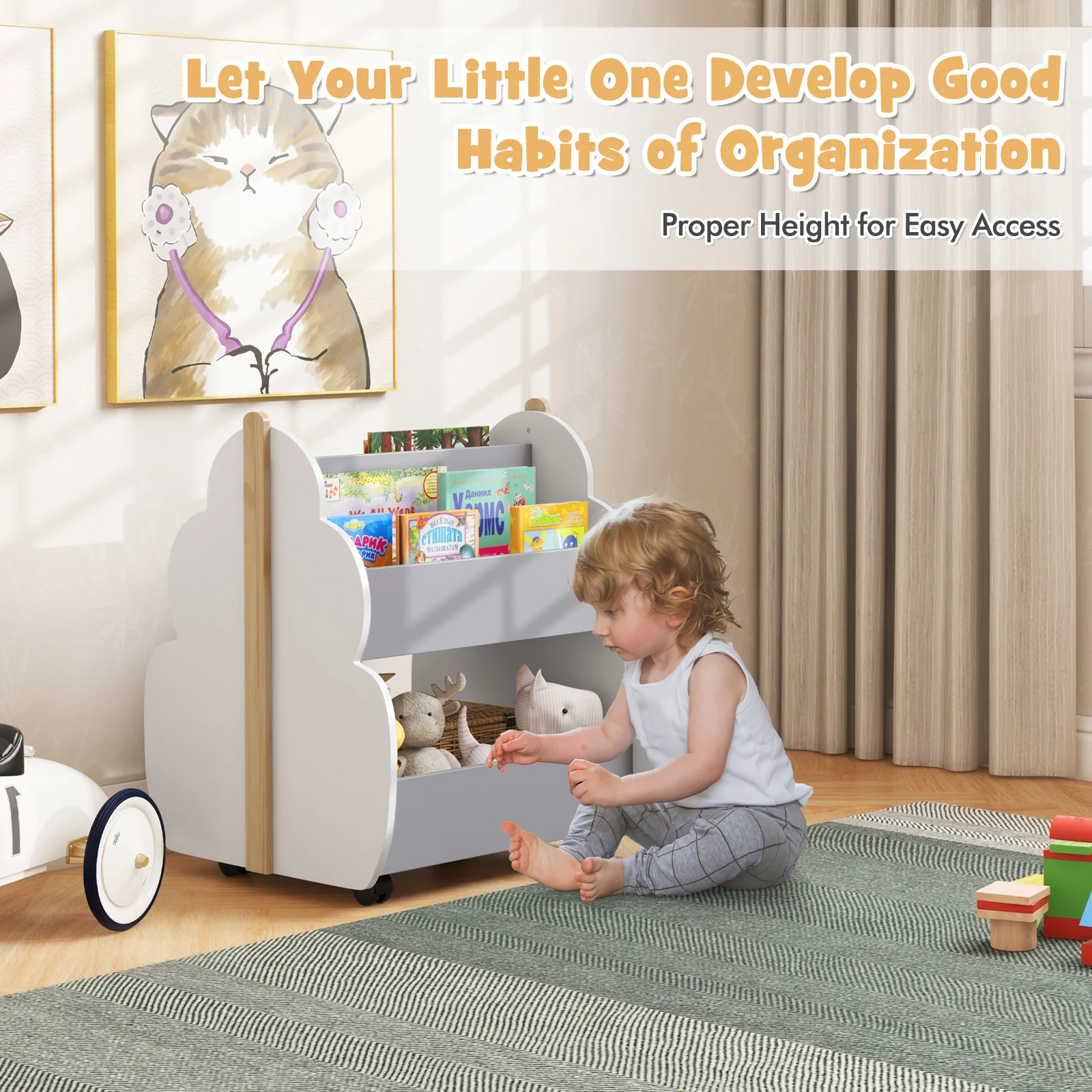 Kids Wooden Bookshelf With Universal Wheels, Gray - Image 8
