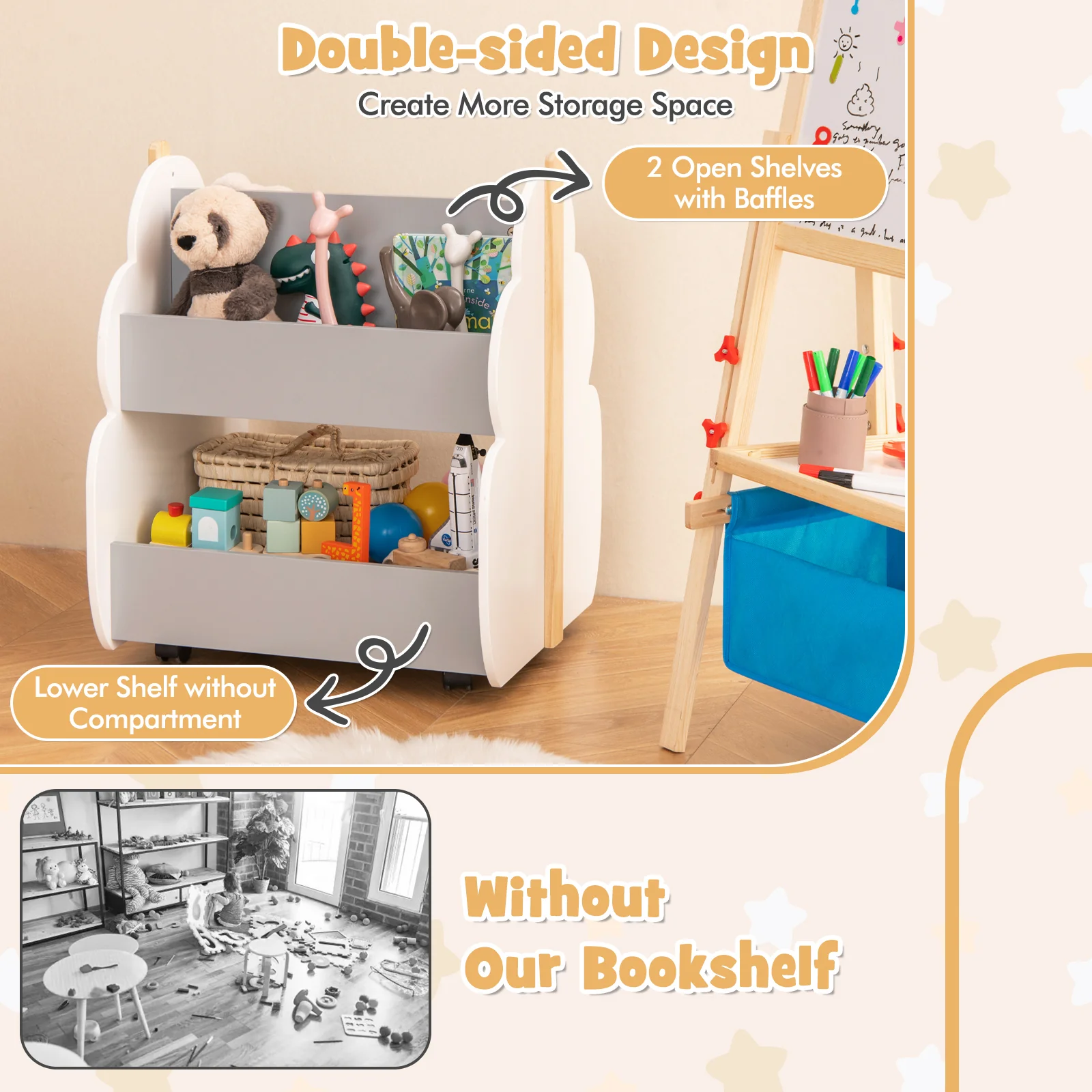 Kids Wooden Bookshelf With Universal Wheels, Gray - Image 9