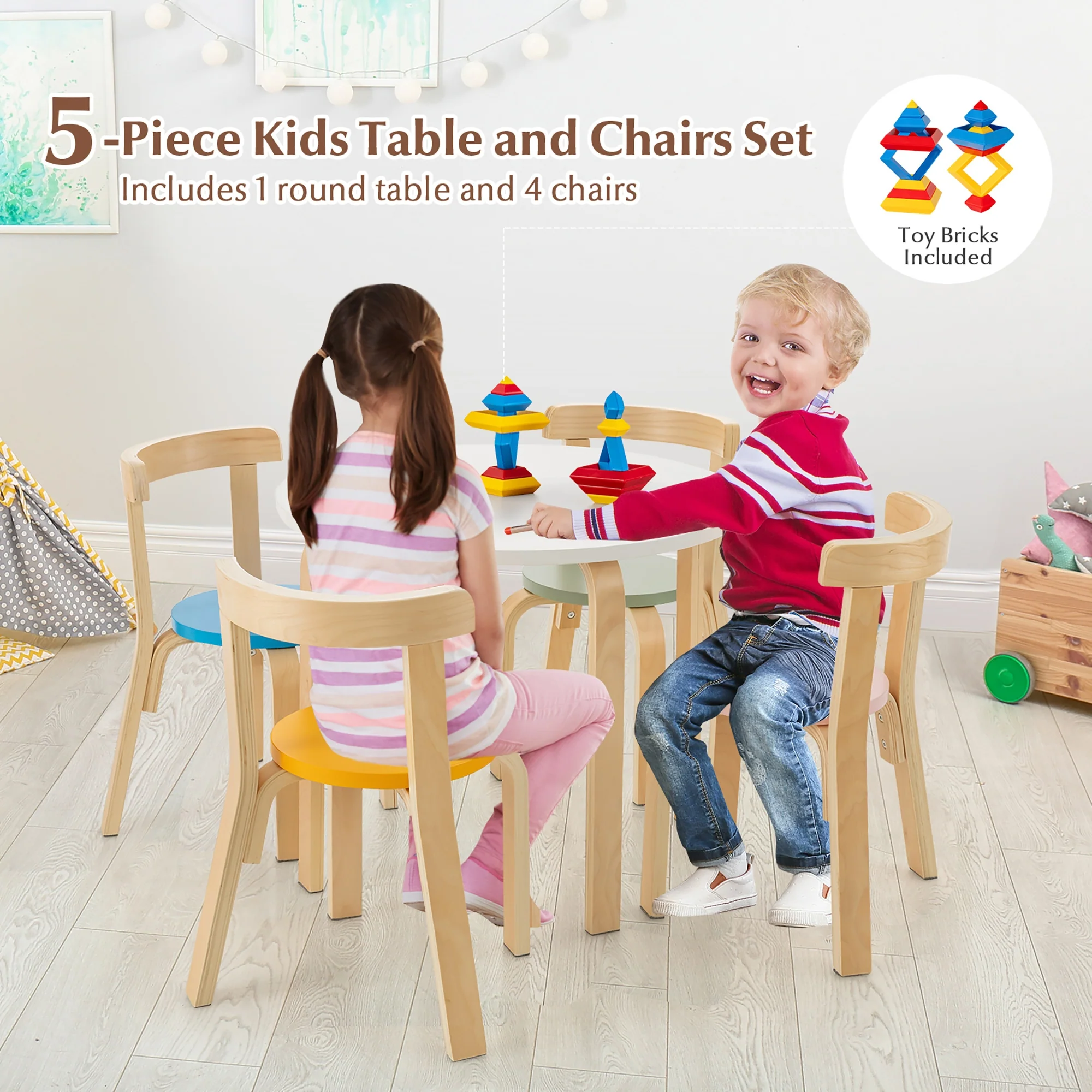 Kids Wooden Curved Back Activity Table And Chair Set, 5-Piece, Multicolor - Image 8