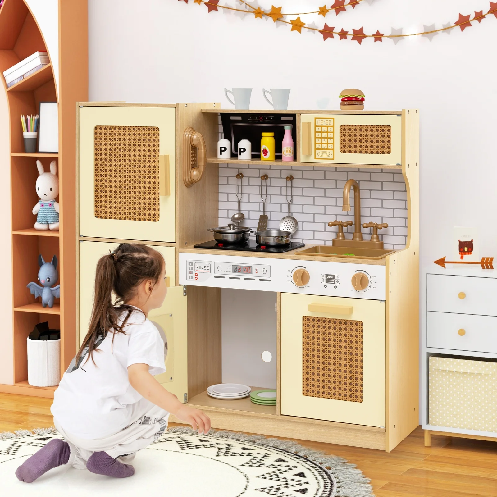 Kids Wooden Kitchen Playset With Lights, Sounds, Yellow - Image 2