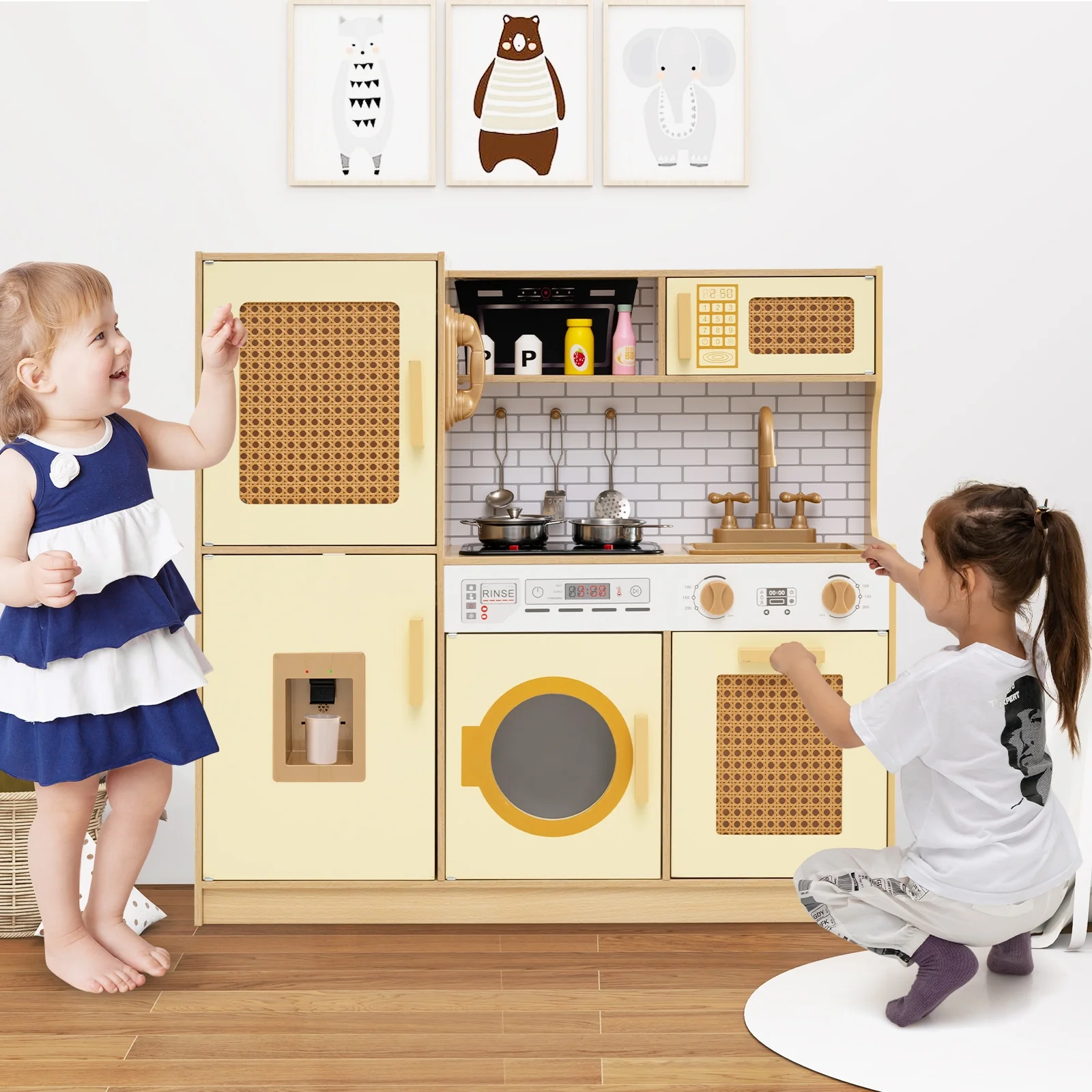 Kids Wooden Kitchen Playset With Lights, Sounds, Yellow - Image 3